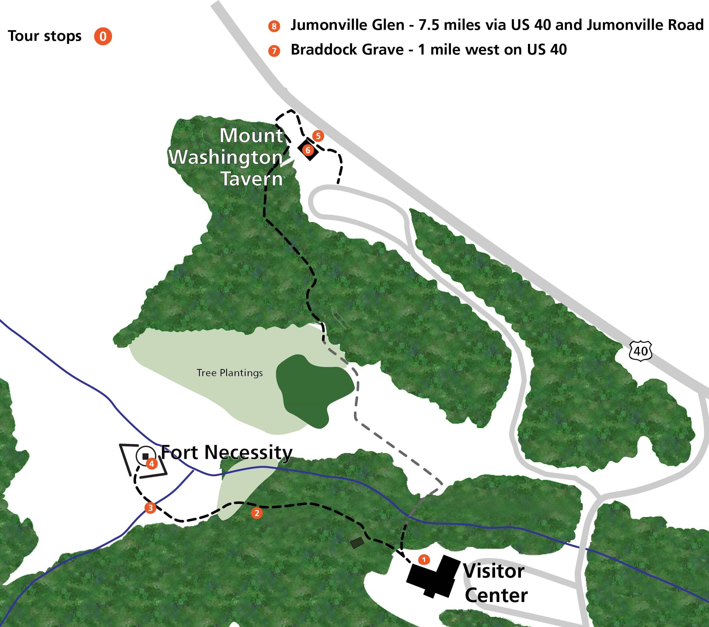 Map of Fort Necessity battlefield with tour stops indicated