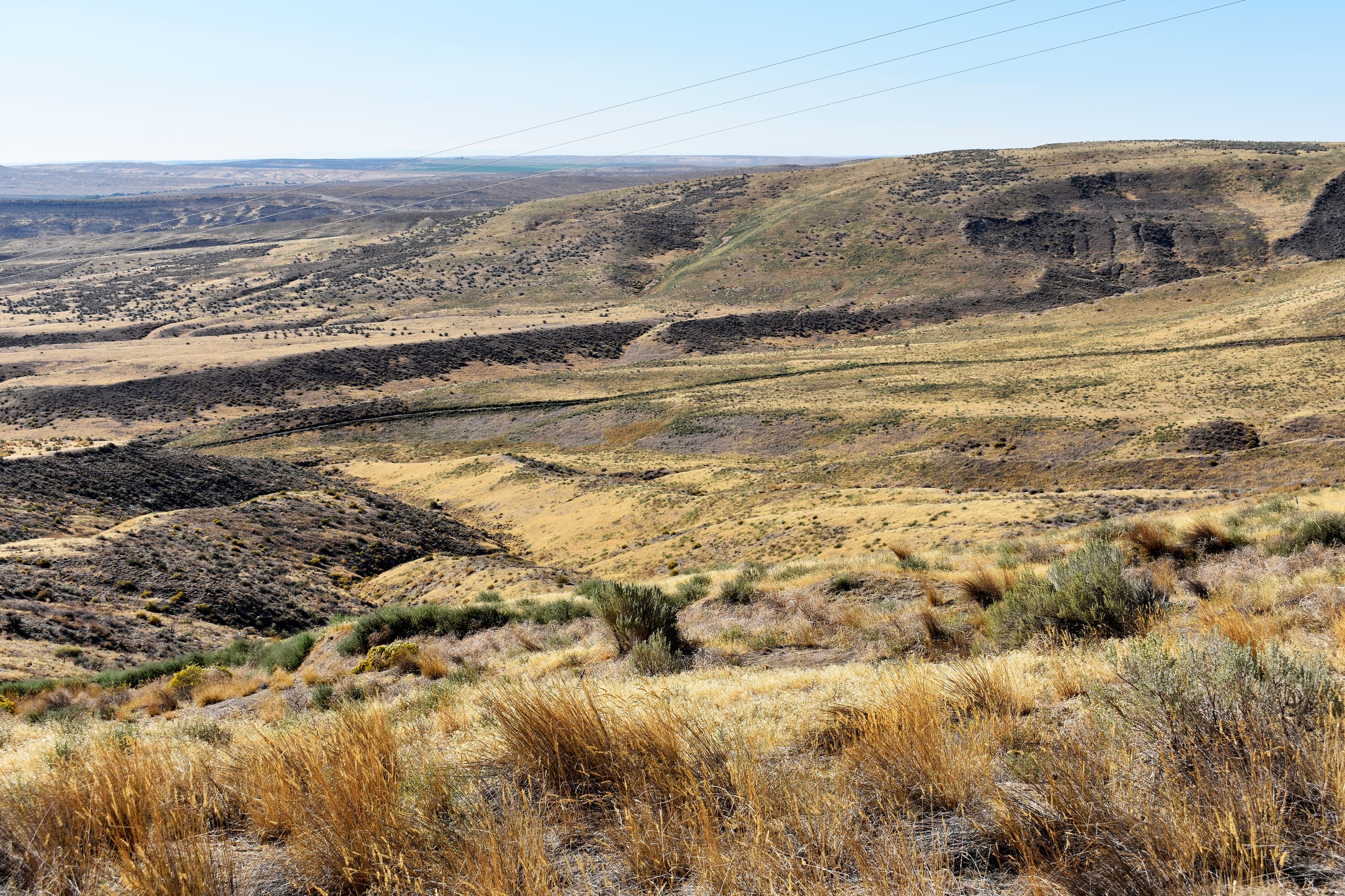 Panoramic view of a trail cutting through scrub-covered hills, descending into a valley.