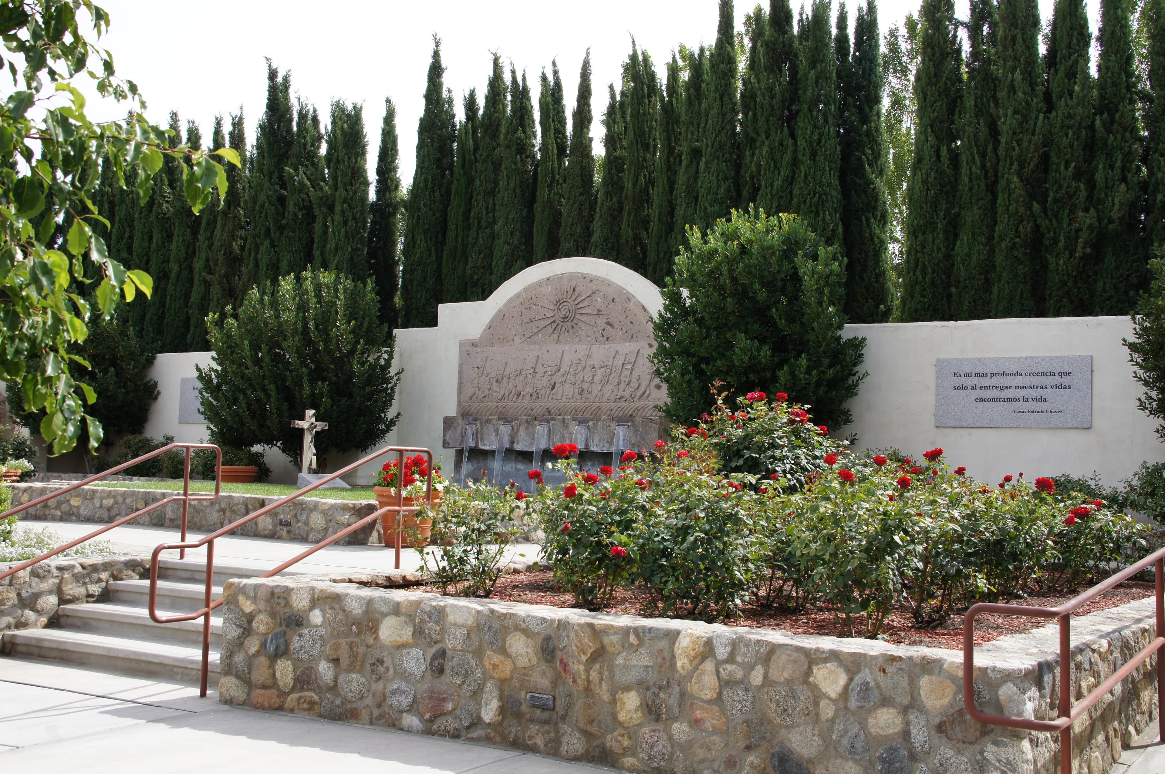 A bed of roses in front of a large wall fountain and grassy area around a grave marker