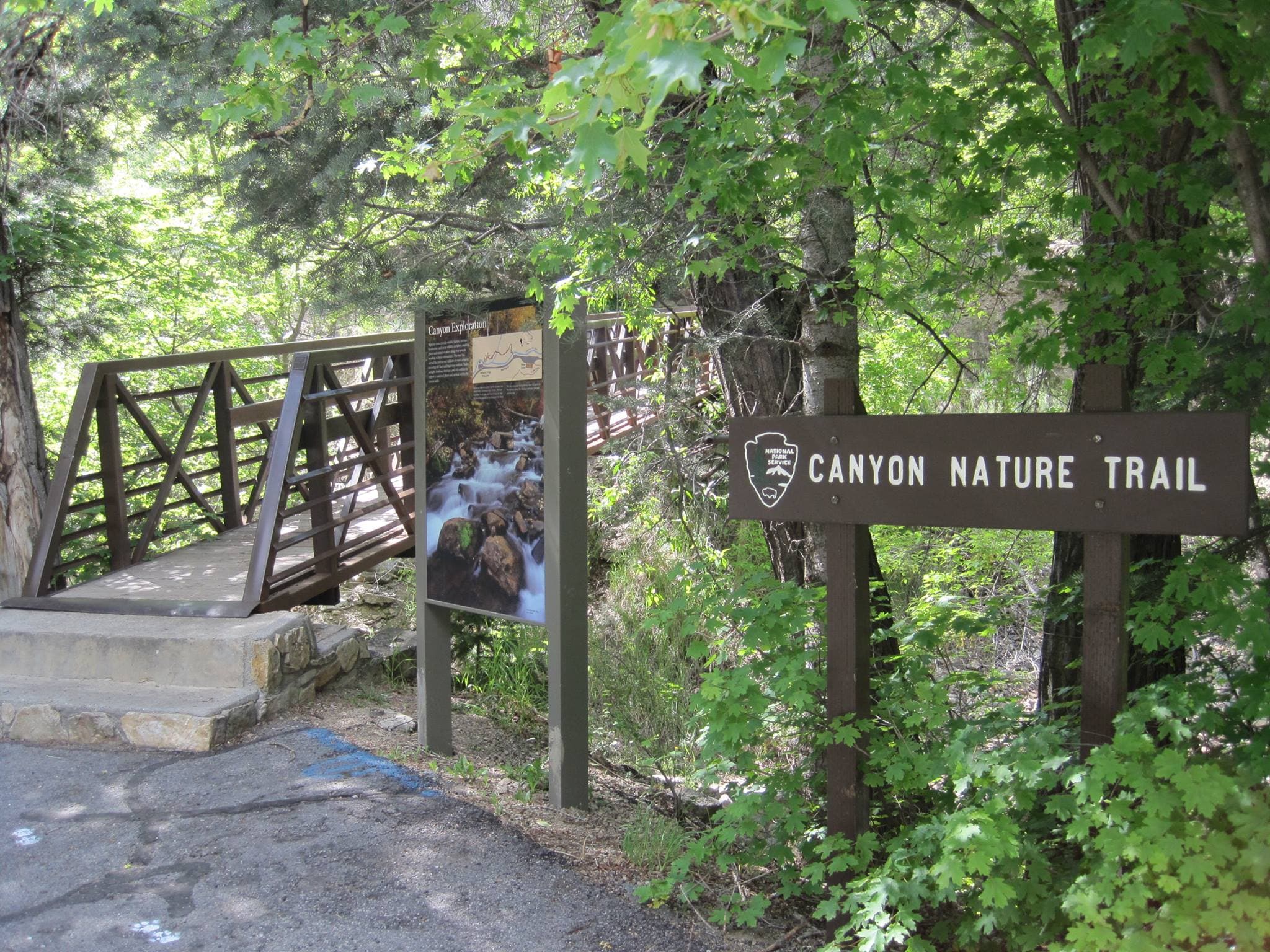 Two steps leading up to a bridge next to a sign reading "Canyon Nature Trail"
