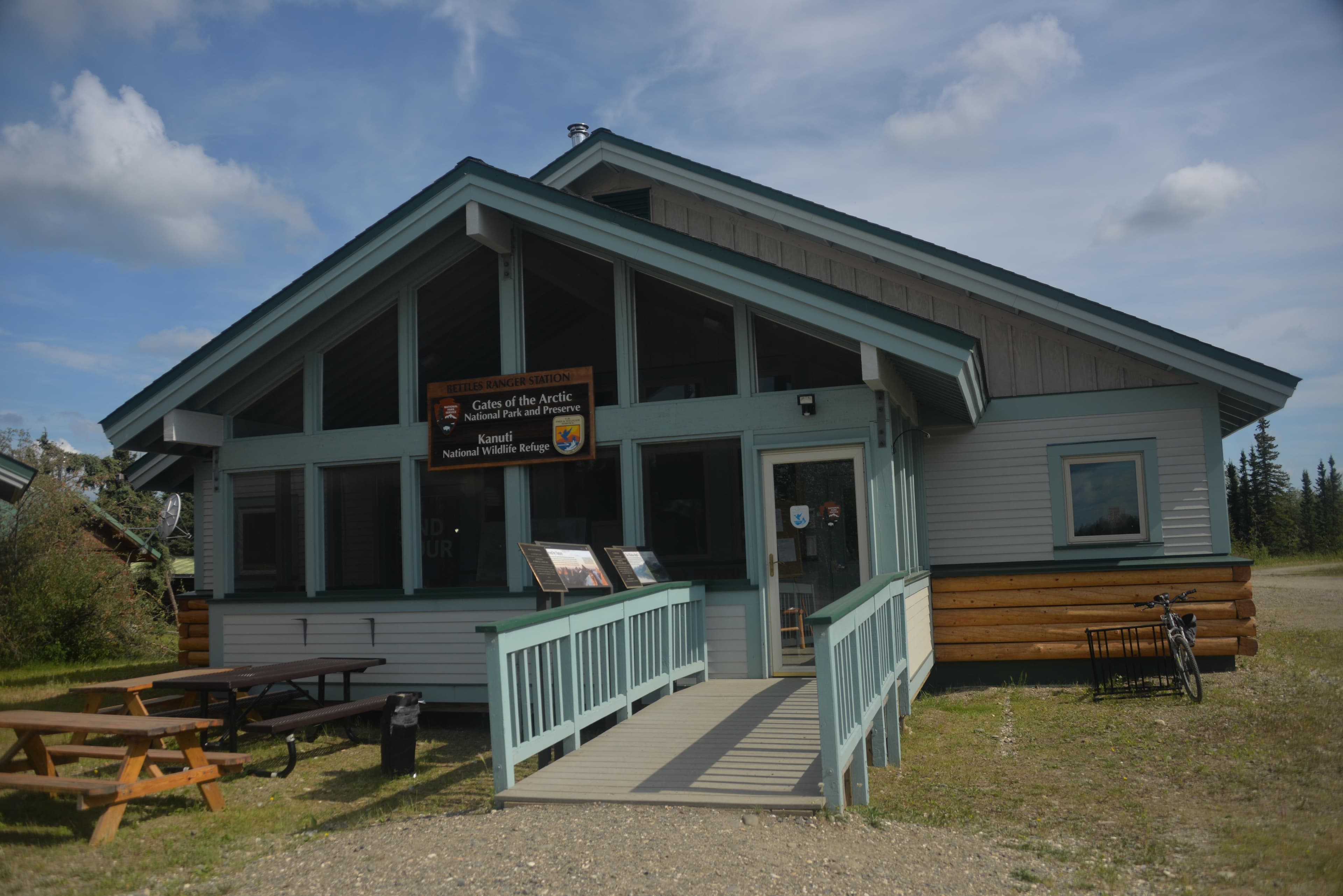 View of blue wooden A-frame building