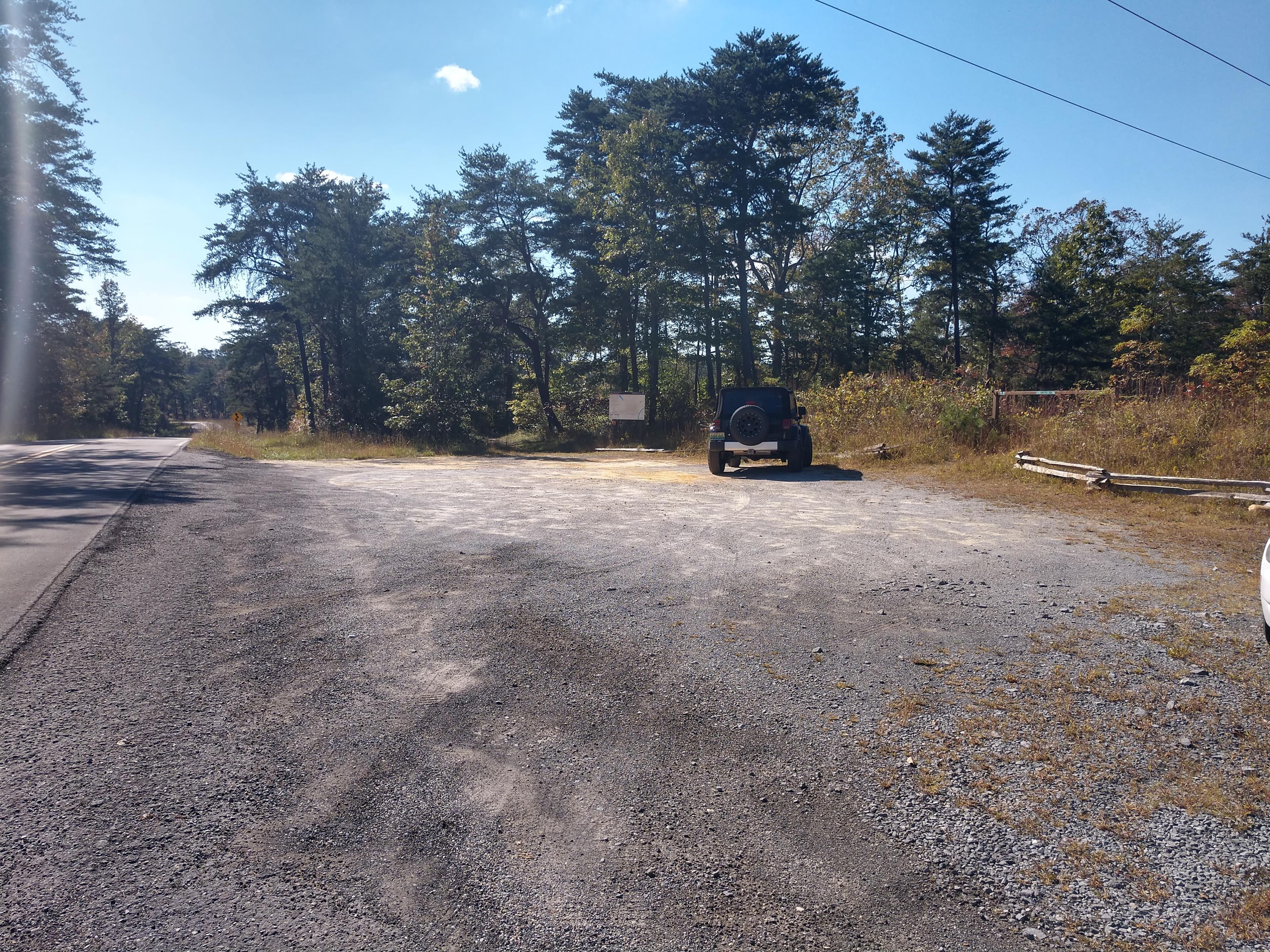 A small roadside gravel parking area with a mixed conifer and deciduous forest around it.