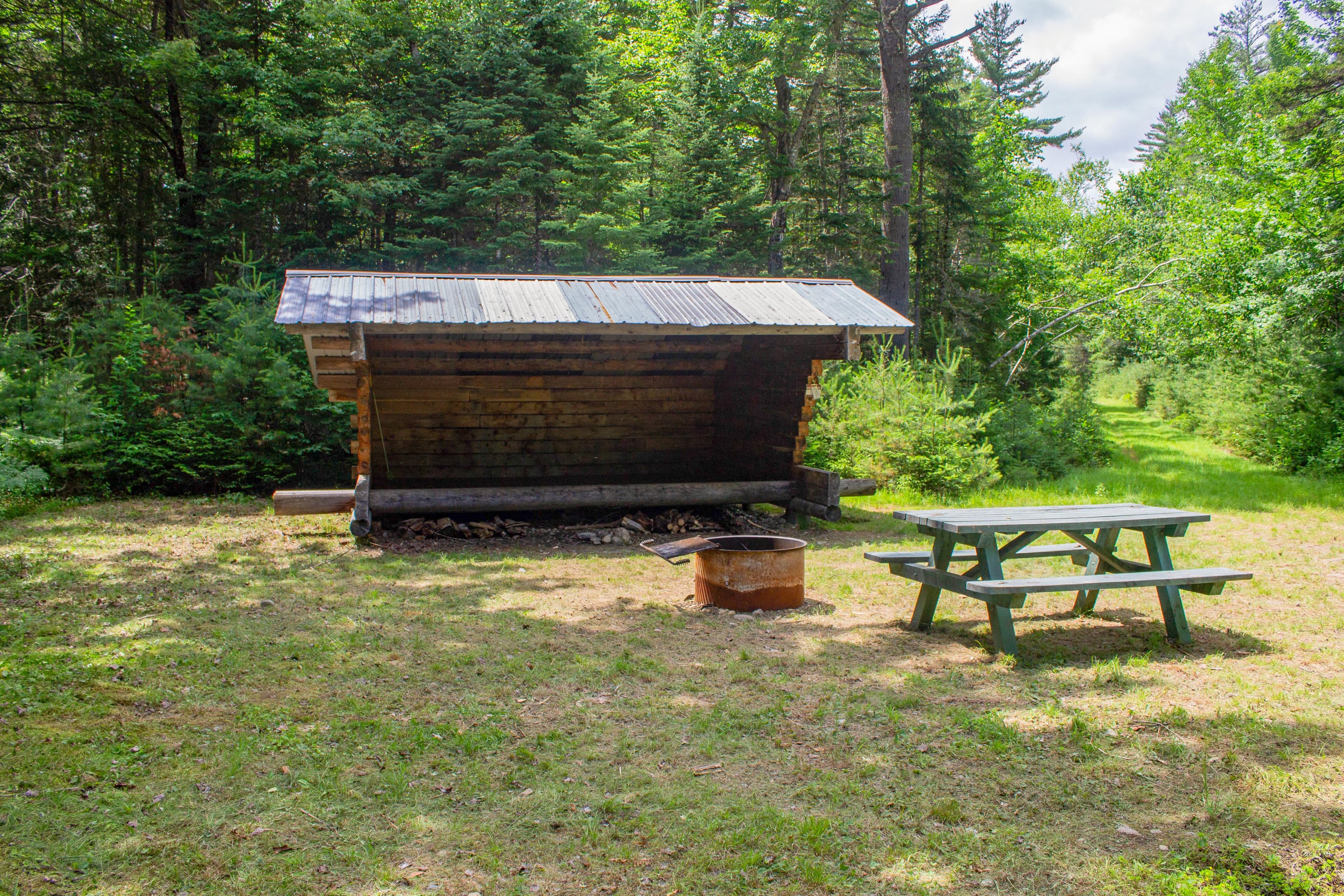 A three-sided wooden lean to with a fire pit and picnic table in a clearing in the woods