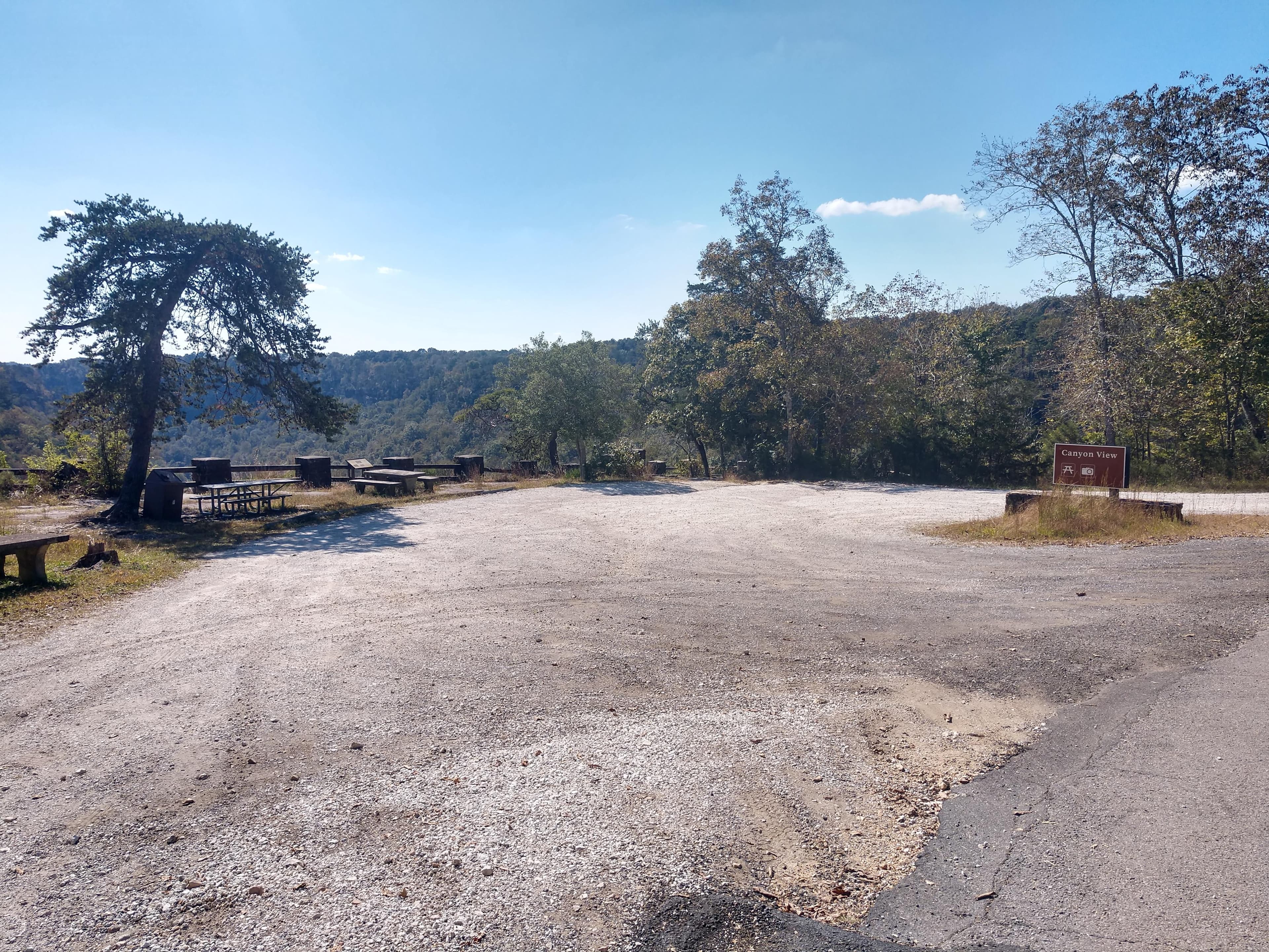 A small roadside gravel parking area with a mixed conifer and deciduous forest around it.