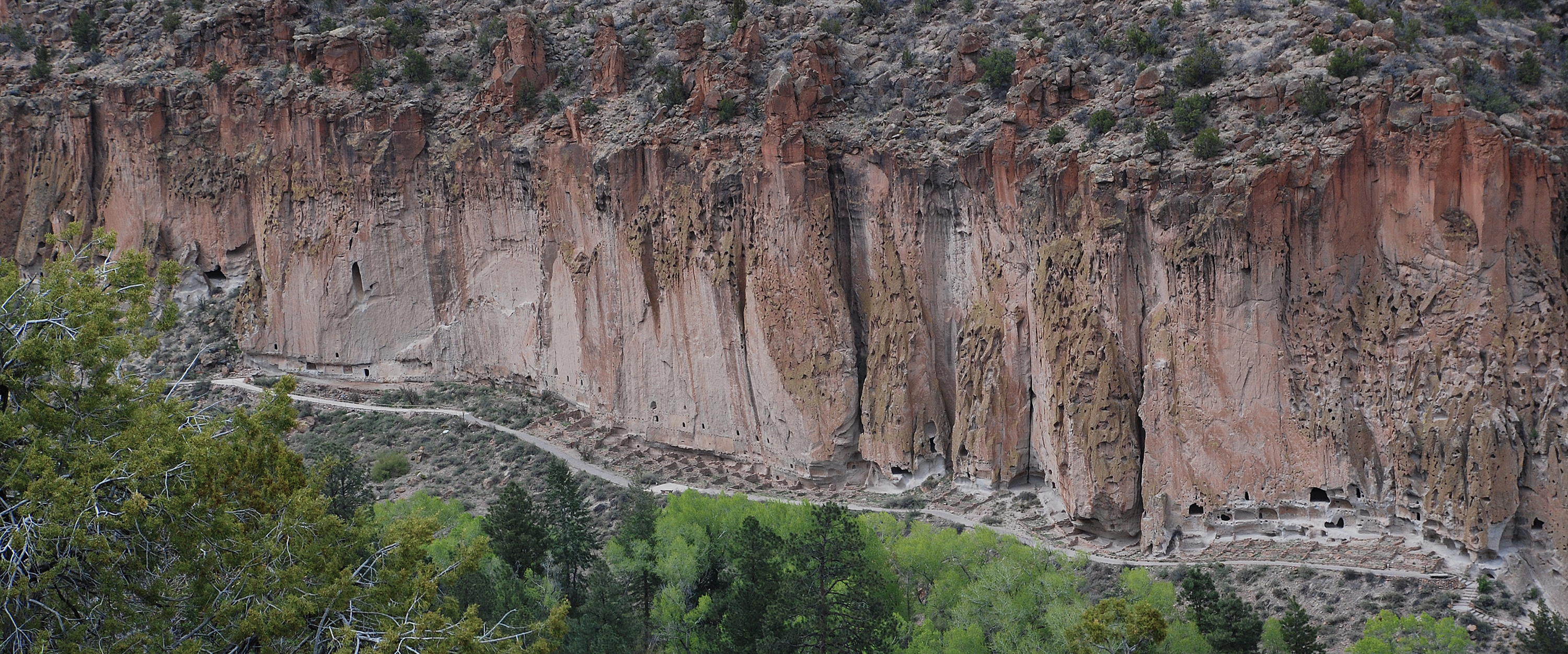a cliff wall has numerous stone dwellings built along the base with green trees in the foreground