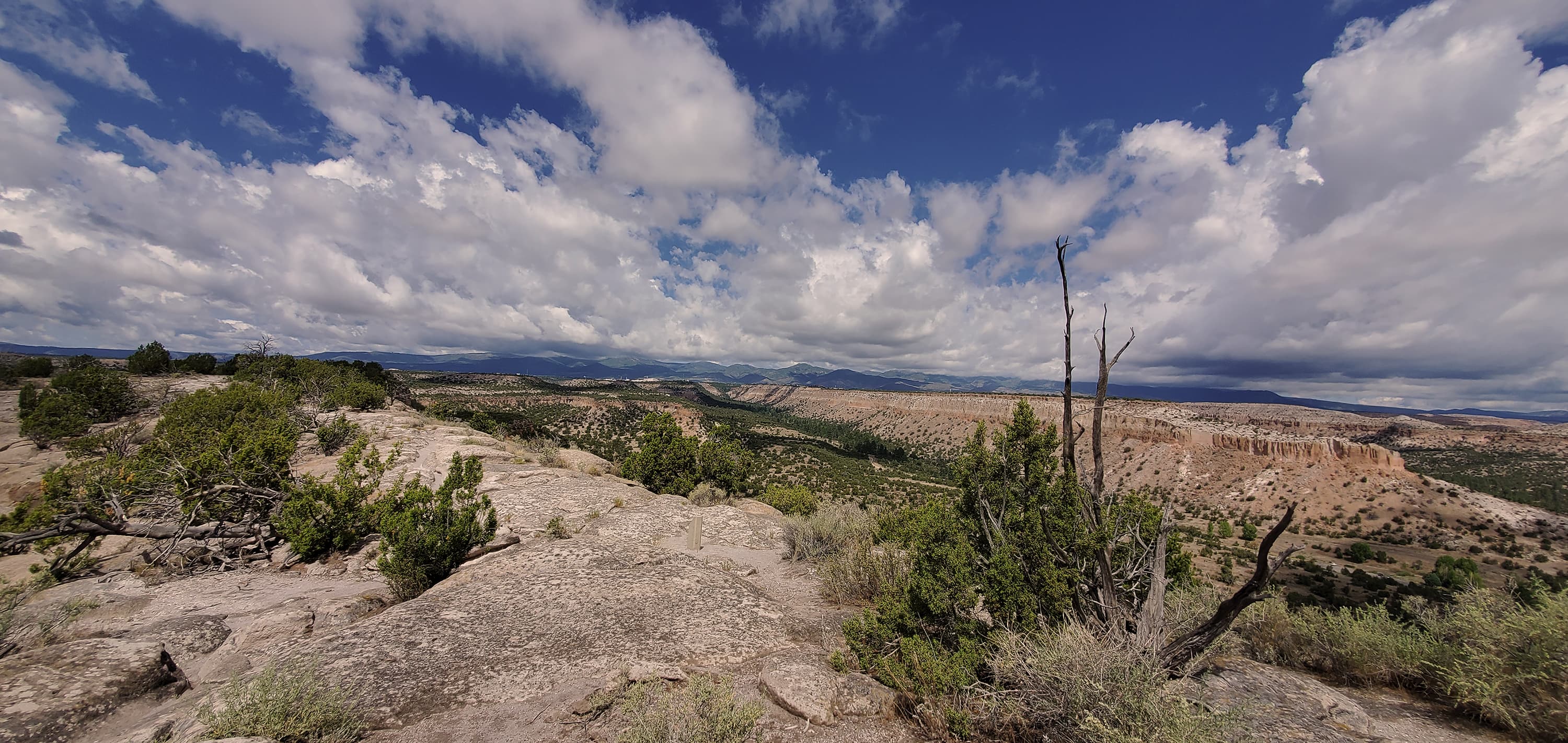 a beige mesa with a trail cutting across it, mountains in the distance & clouds in a blue sky