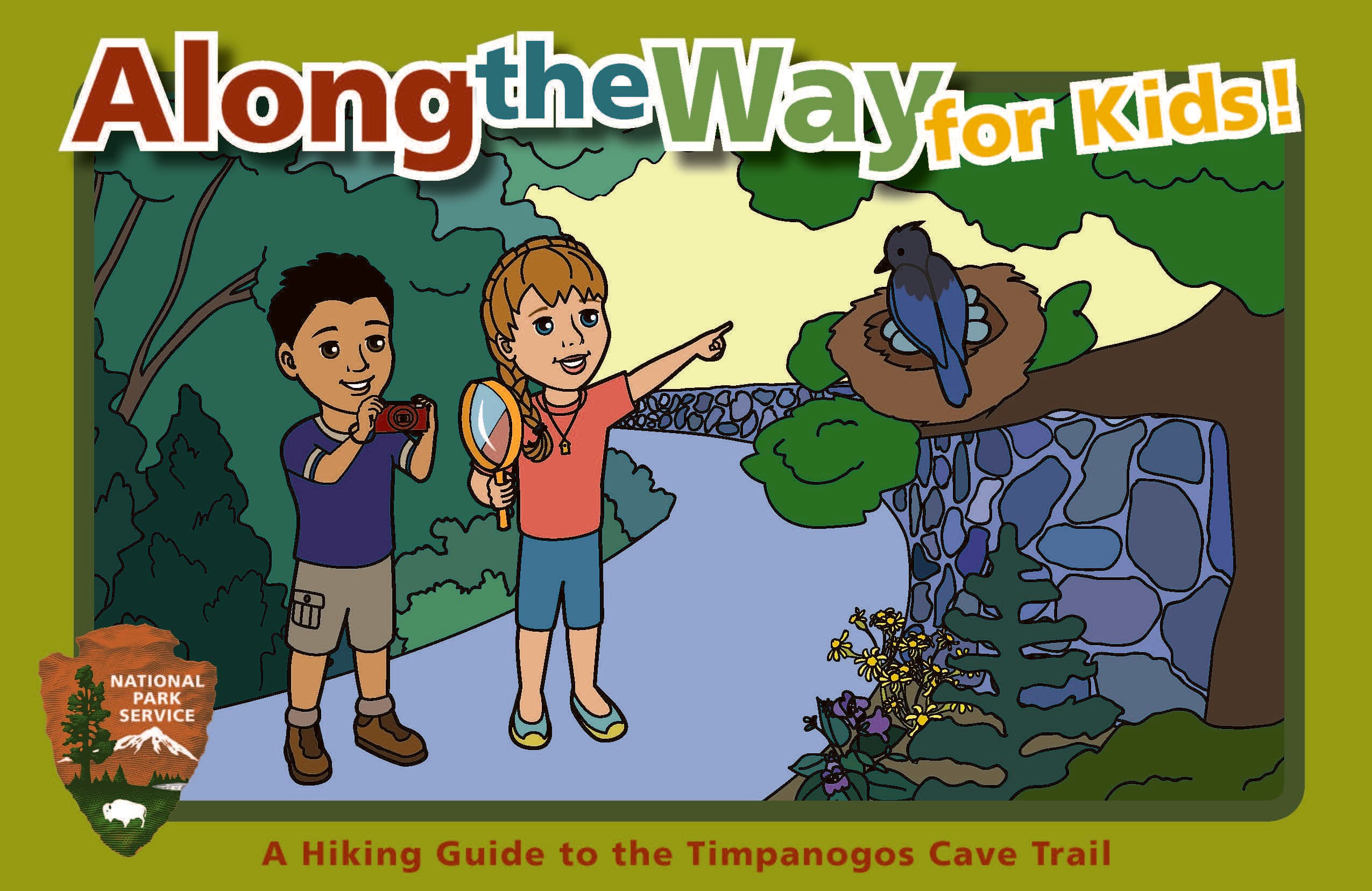 Two illustrated children on a trail pointing at a bird in a nest.