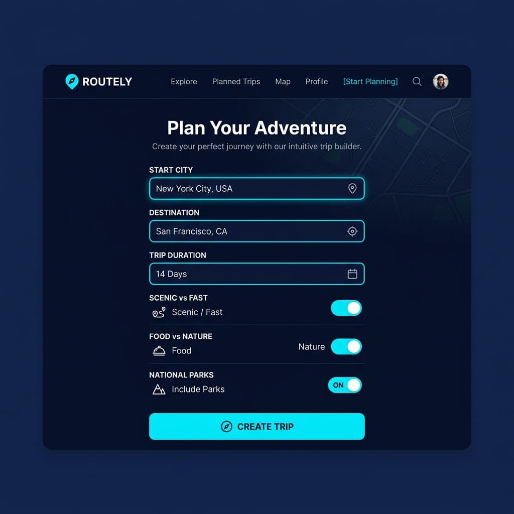 TripsGalaxy trip builder — enter start, destination, and preferences
