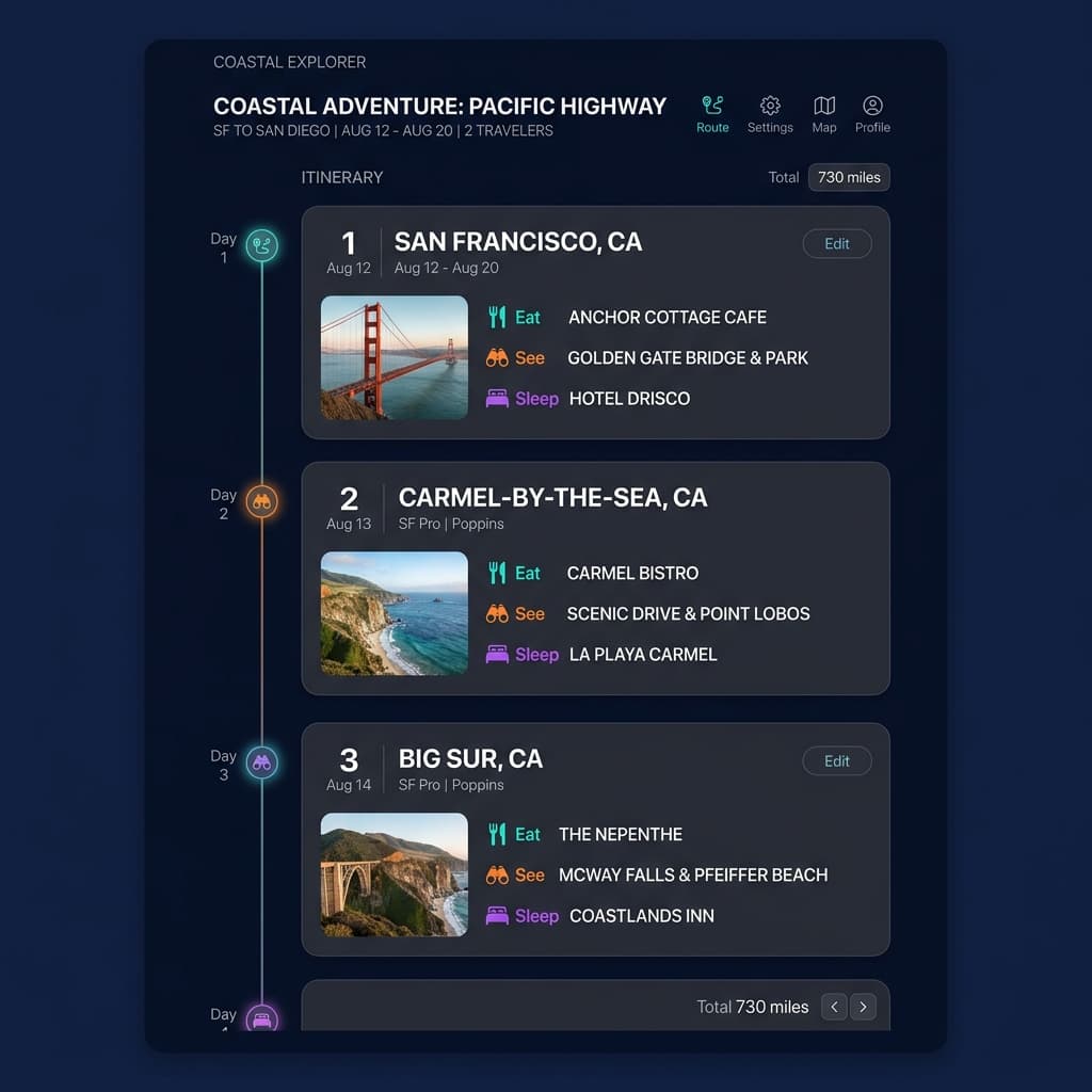Generated itinerary with day-by-day stop cards — Eat / See / Sleep categories