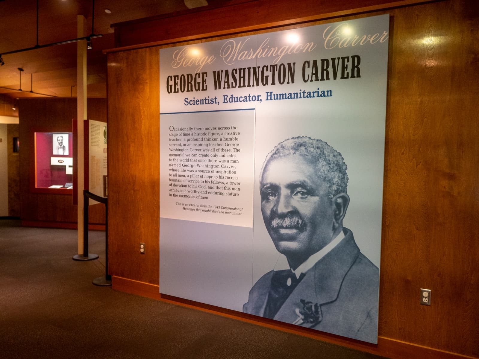 Large photograph of George Washington Carver in the visitor center.