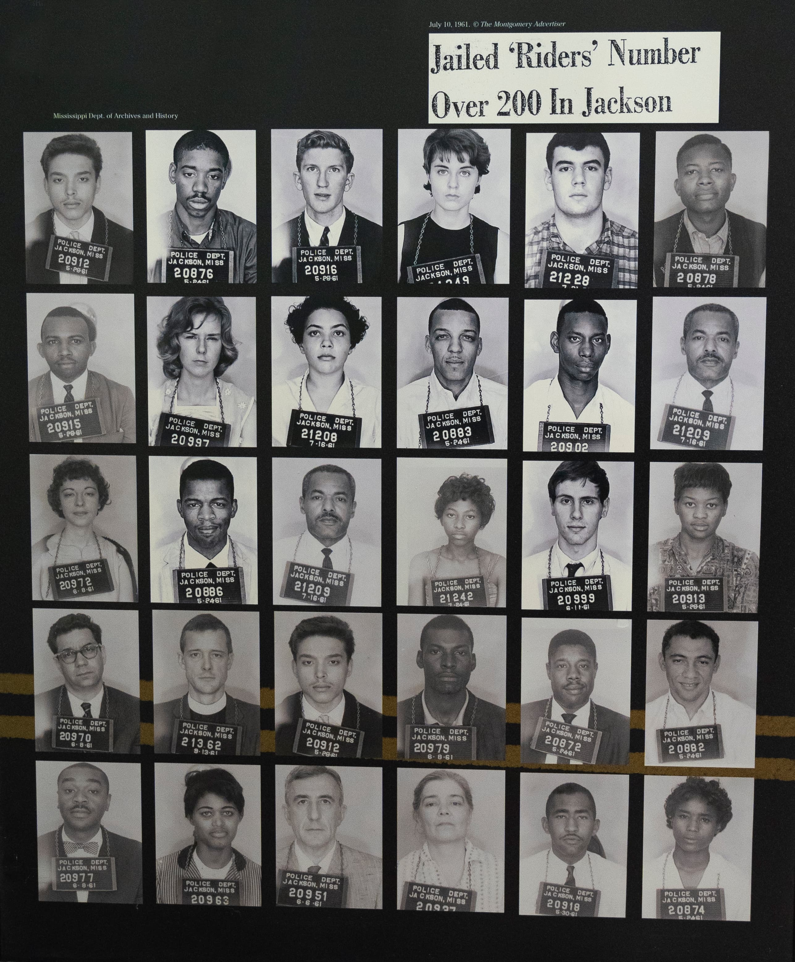 Mug shots of Freedom Riders. The title reads "Jailed 'Riders' Number Over 200 in Jackson."