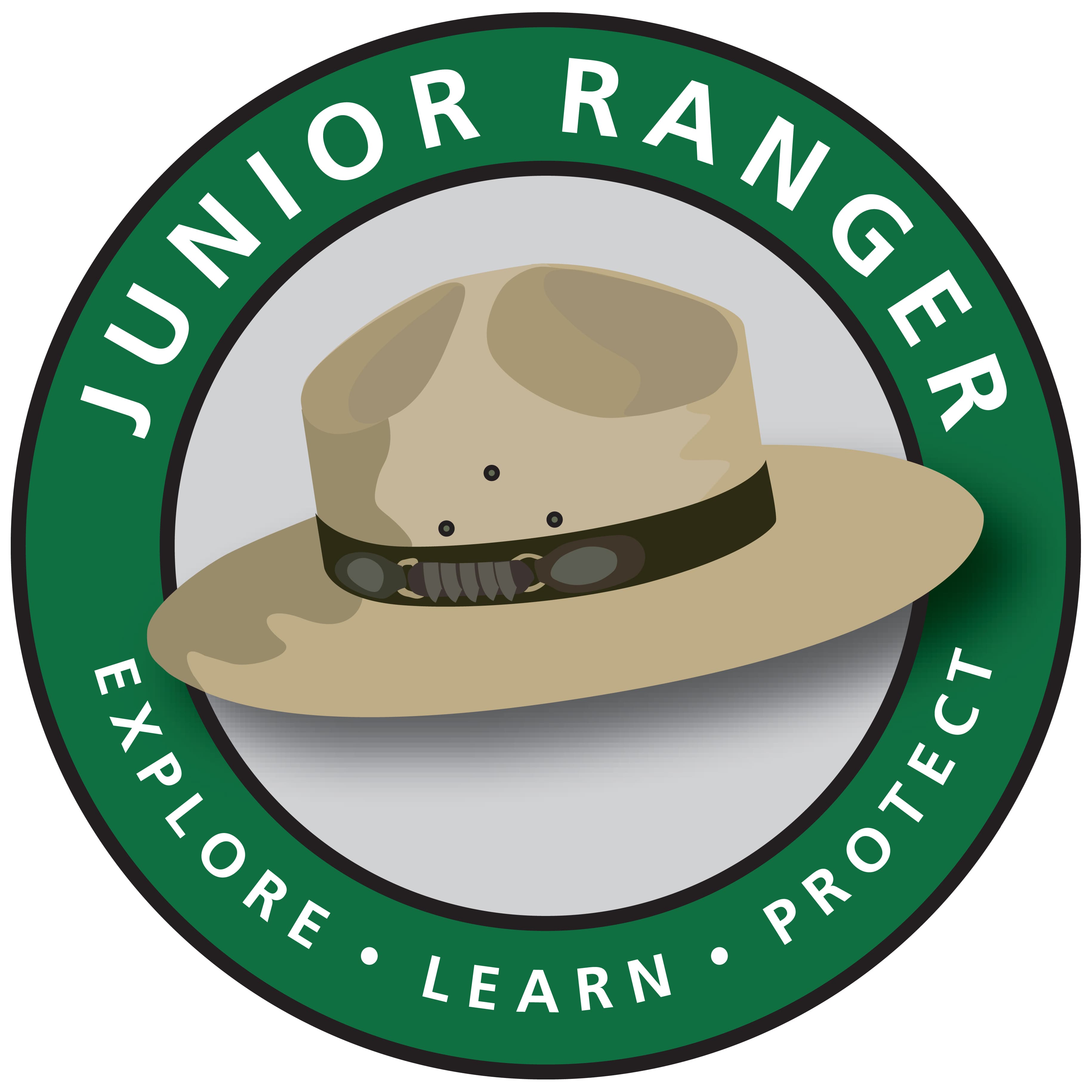 Junior Ranger logo with ranger flat hat, words read Explore, Learn, Protect