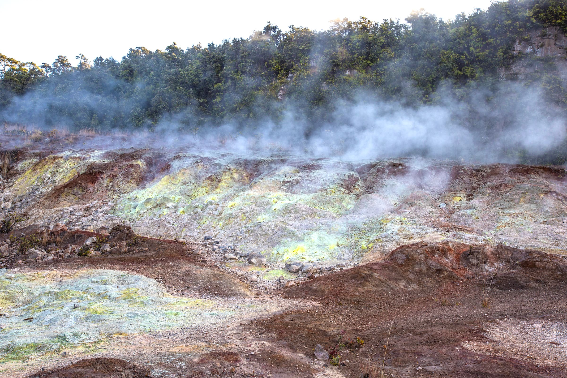 Steam rising from a colorful geothermal area