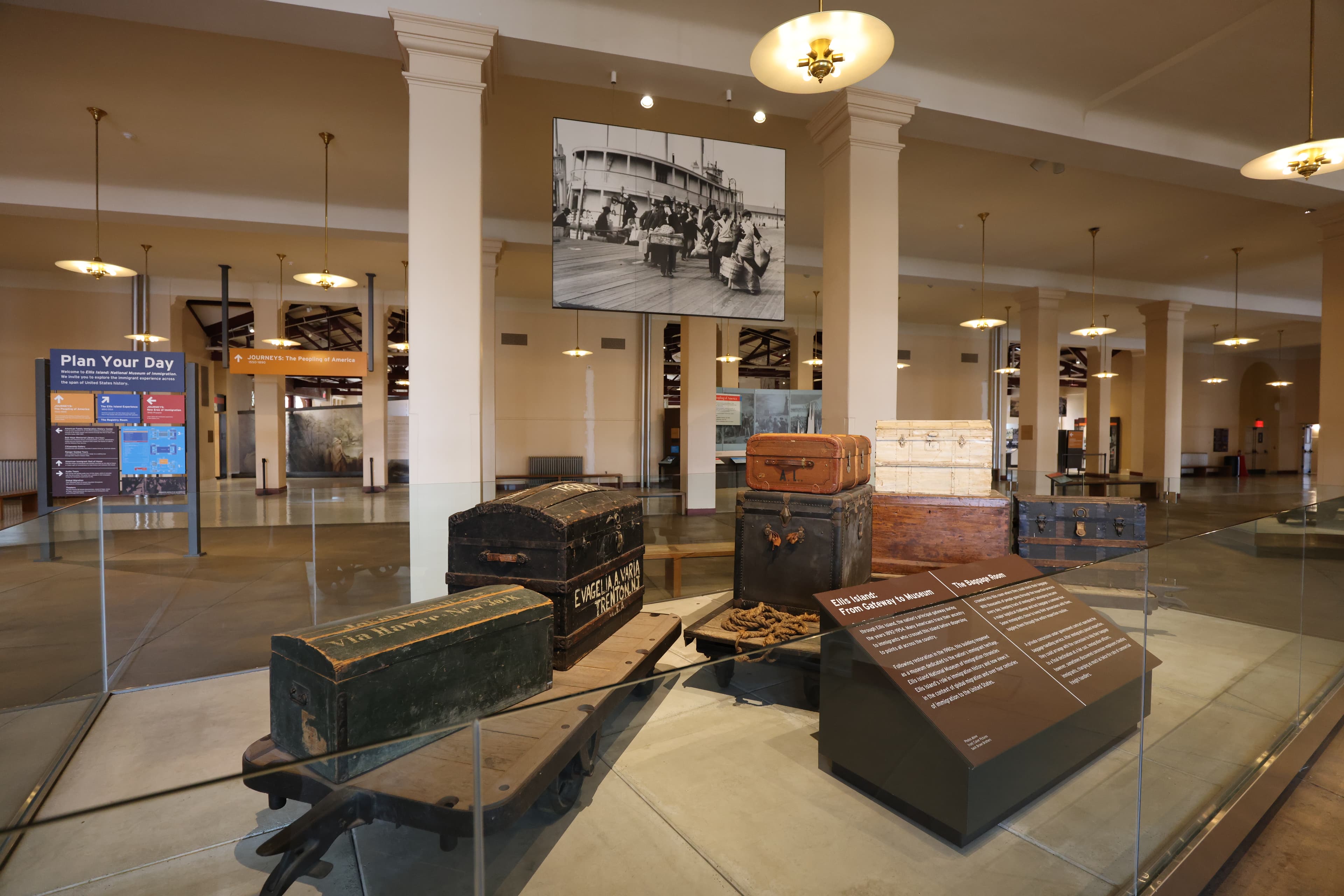 First Floor of Ellis Island Main Immigration Building with historic baggage on display