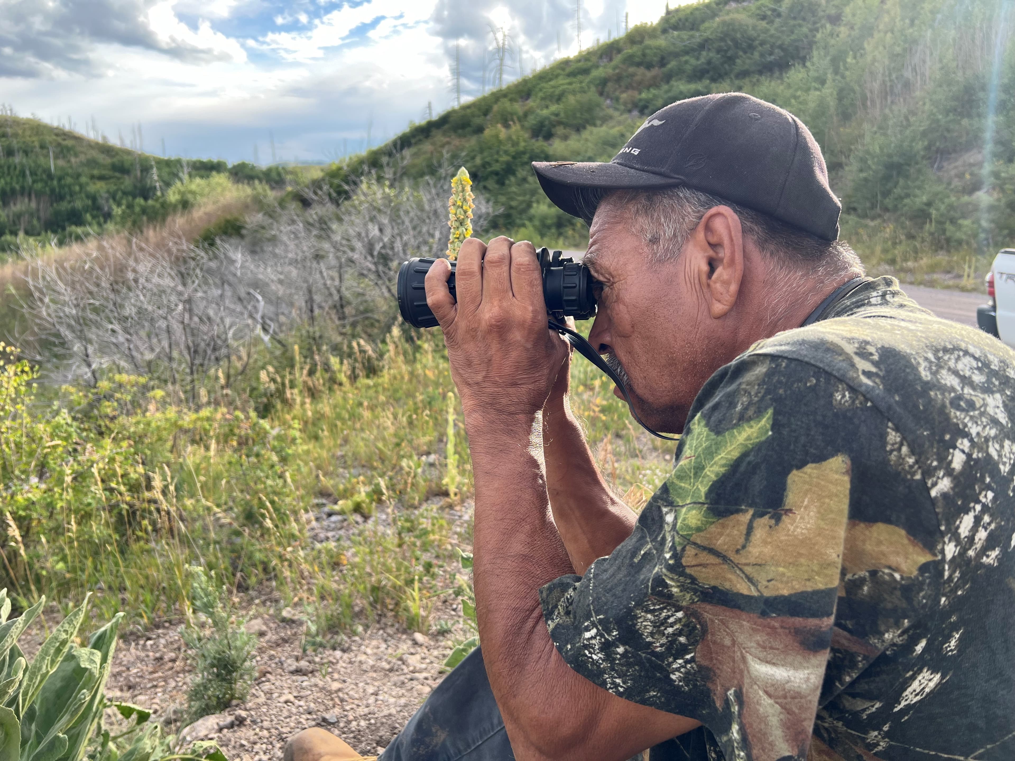 A man wearing camouflage uses binoculars to look across a forested landscape.