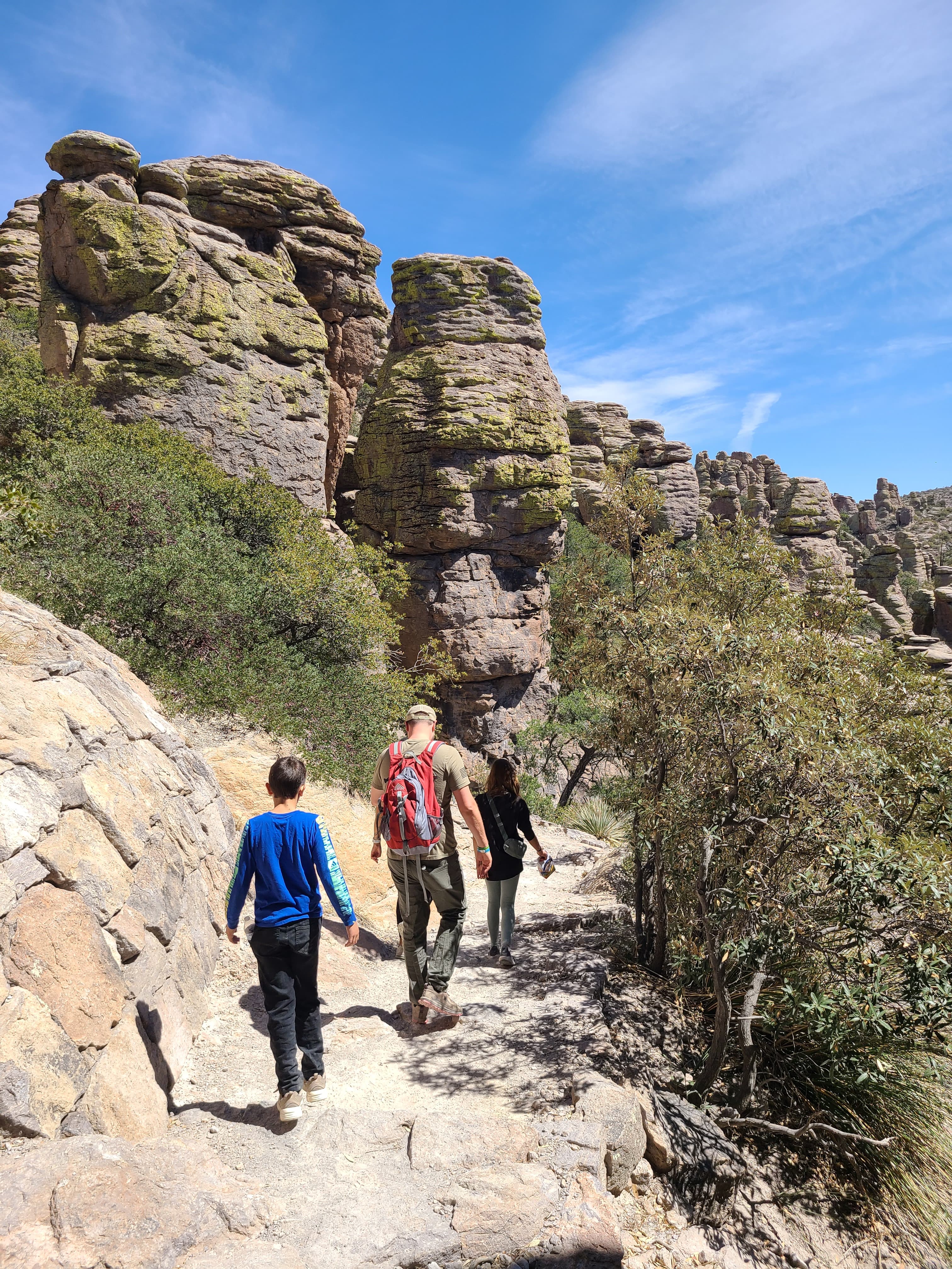 a family hikes away from the camera with large rock formations towering over and scrubby trees