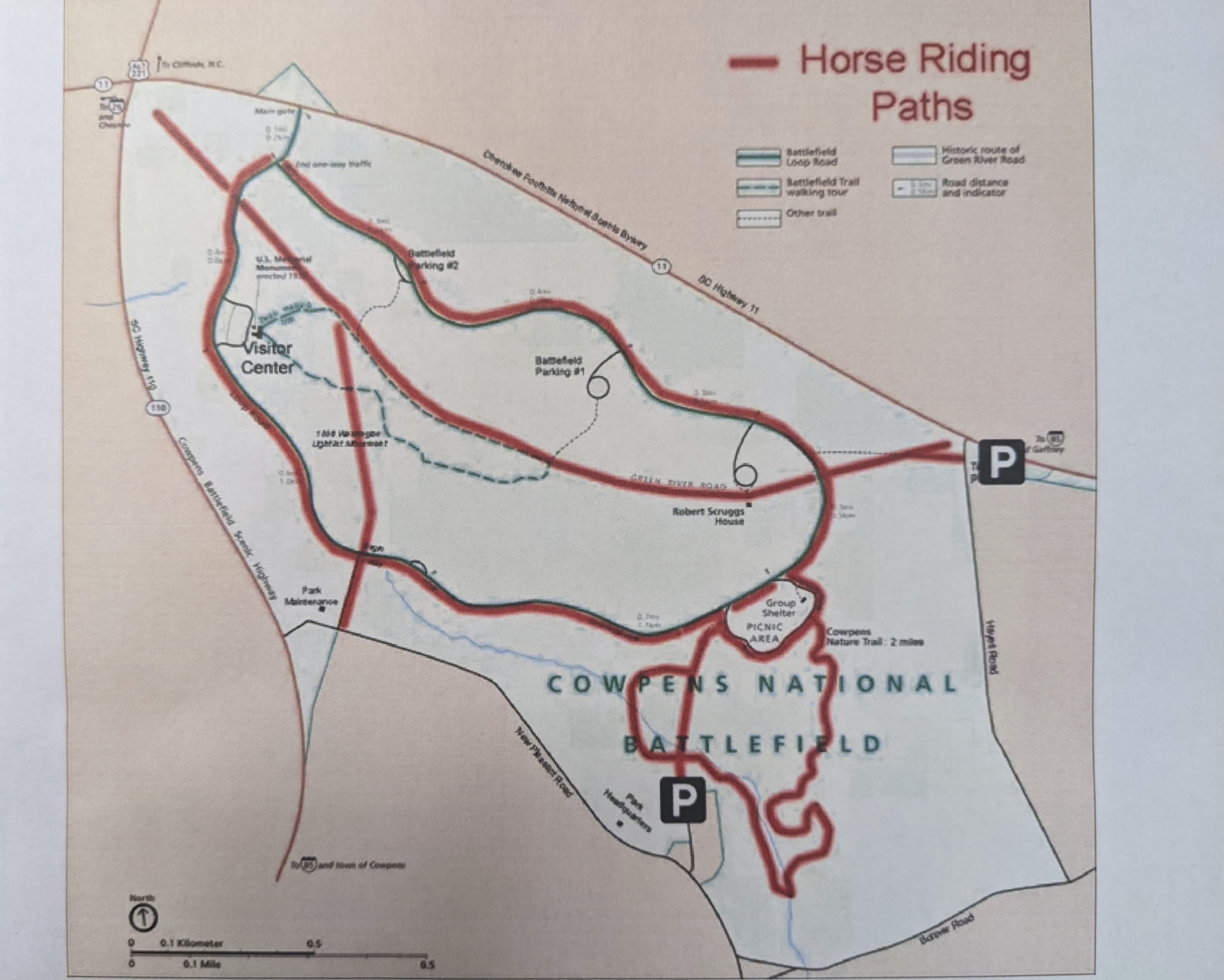 Map of Cowpens National Battlefield with Horse Paths highlighted.