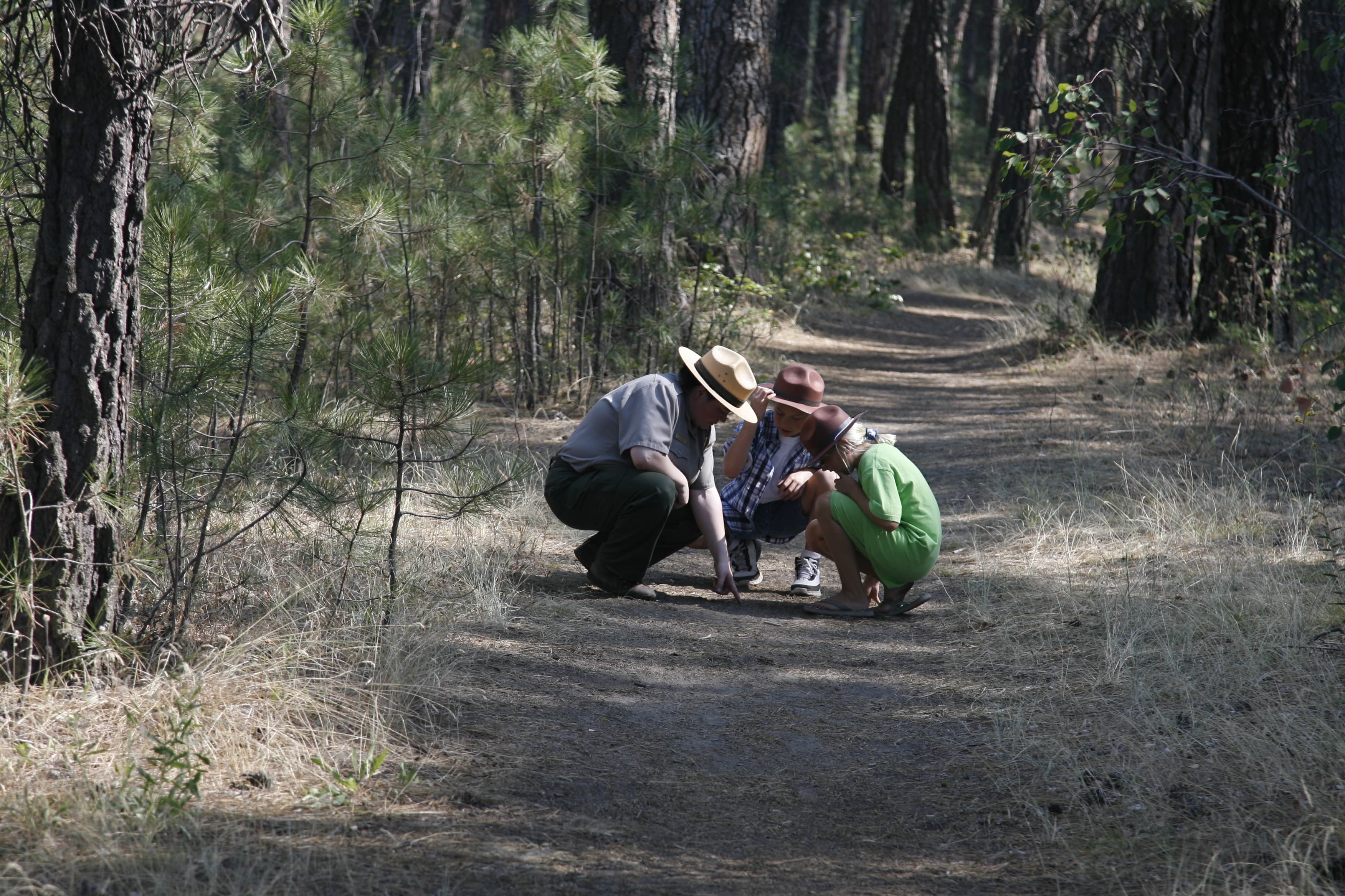 A park ranger and two children on a nature trail.