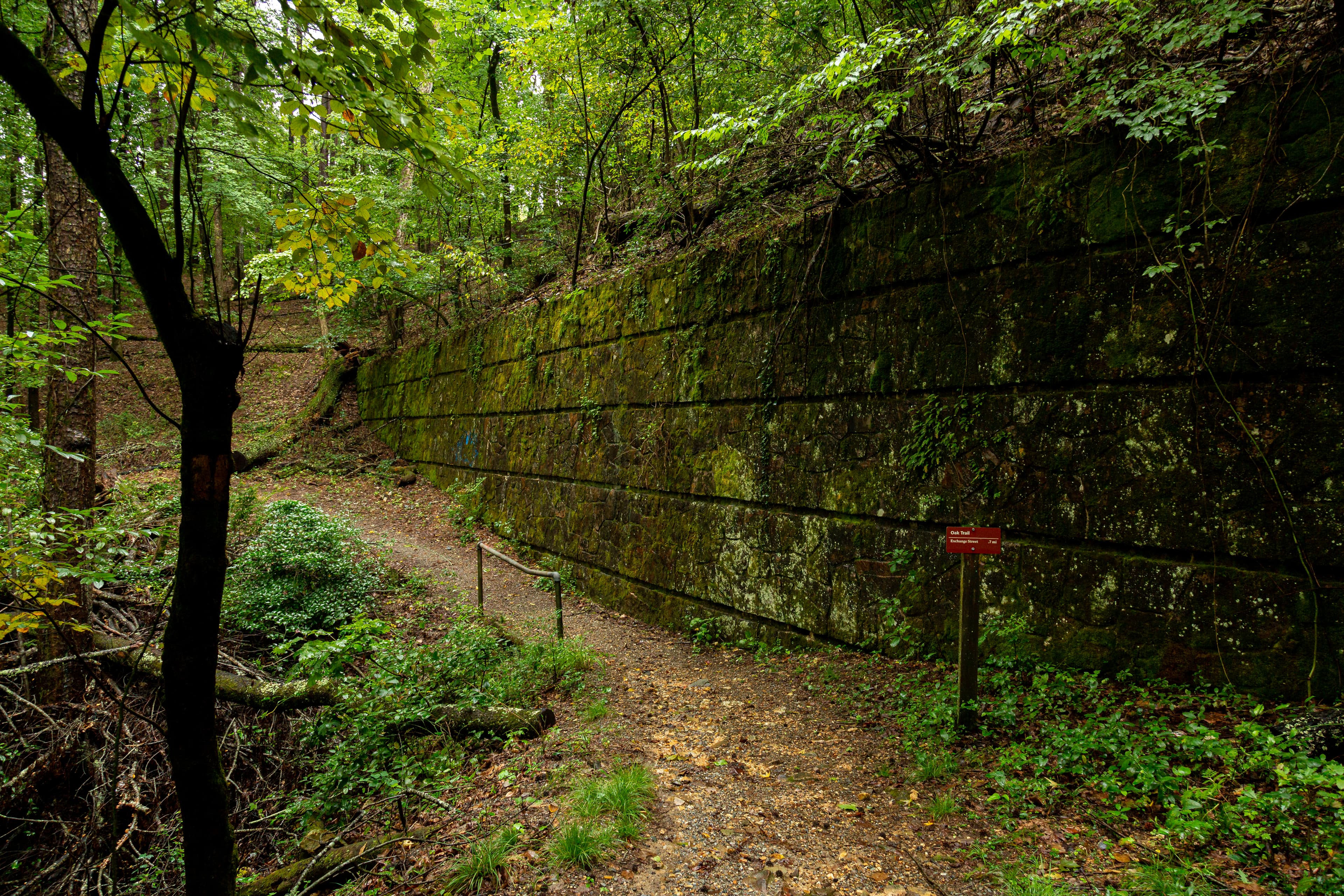 A mossy stone wall lines a paved dirt pathway through the woods.