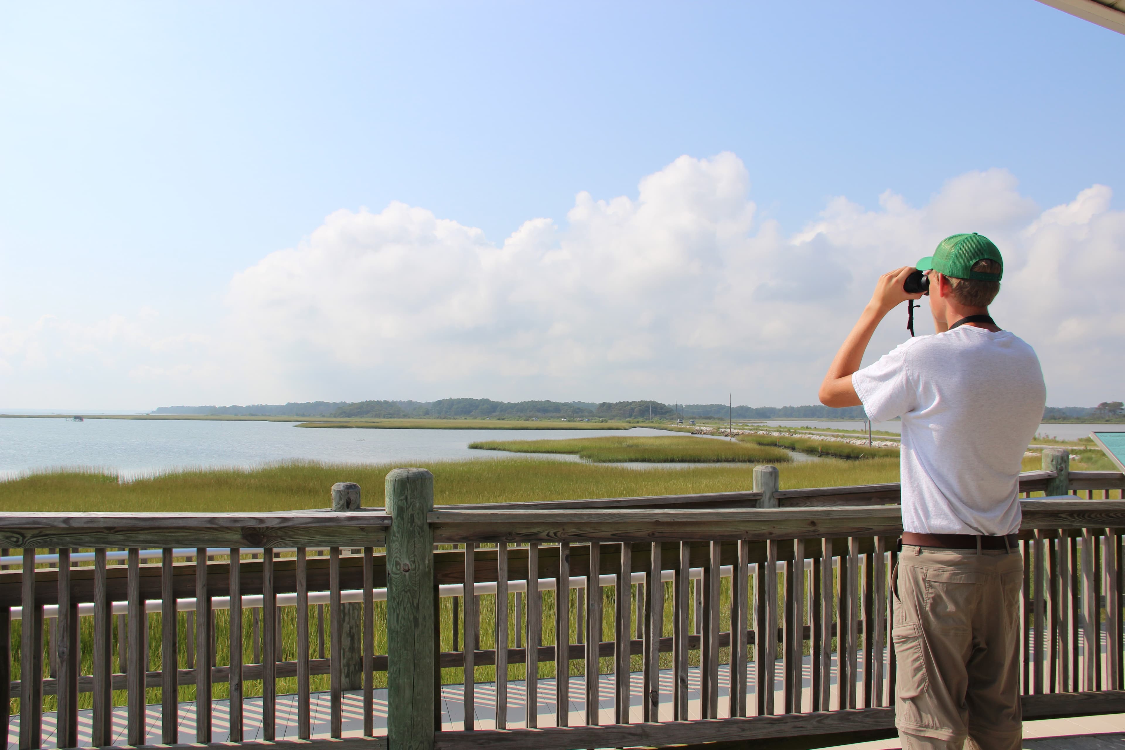 A volunteer using binoculars to bird from the deck of Toms Cove Visitor Center