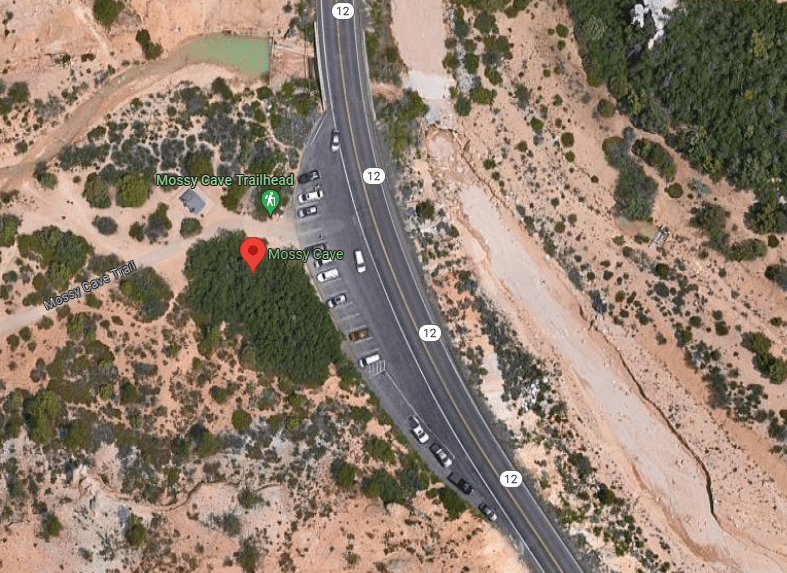An aerial view of the Mossy Cave parking lot area
