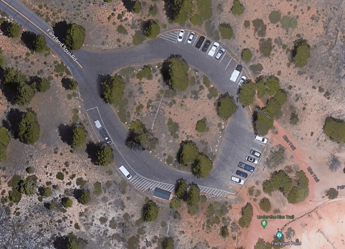 An aerial view of the Fairyland parking lot area.