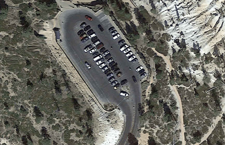 An aerial view of the Bryce Point parking lot area.
