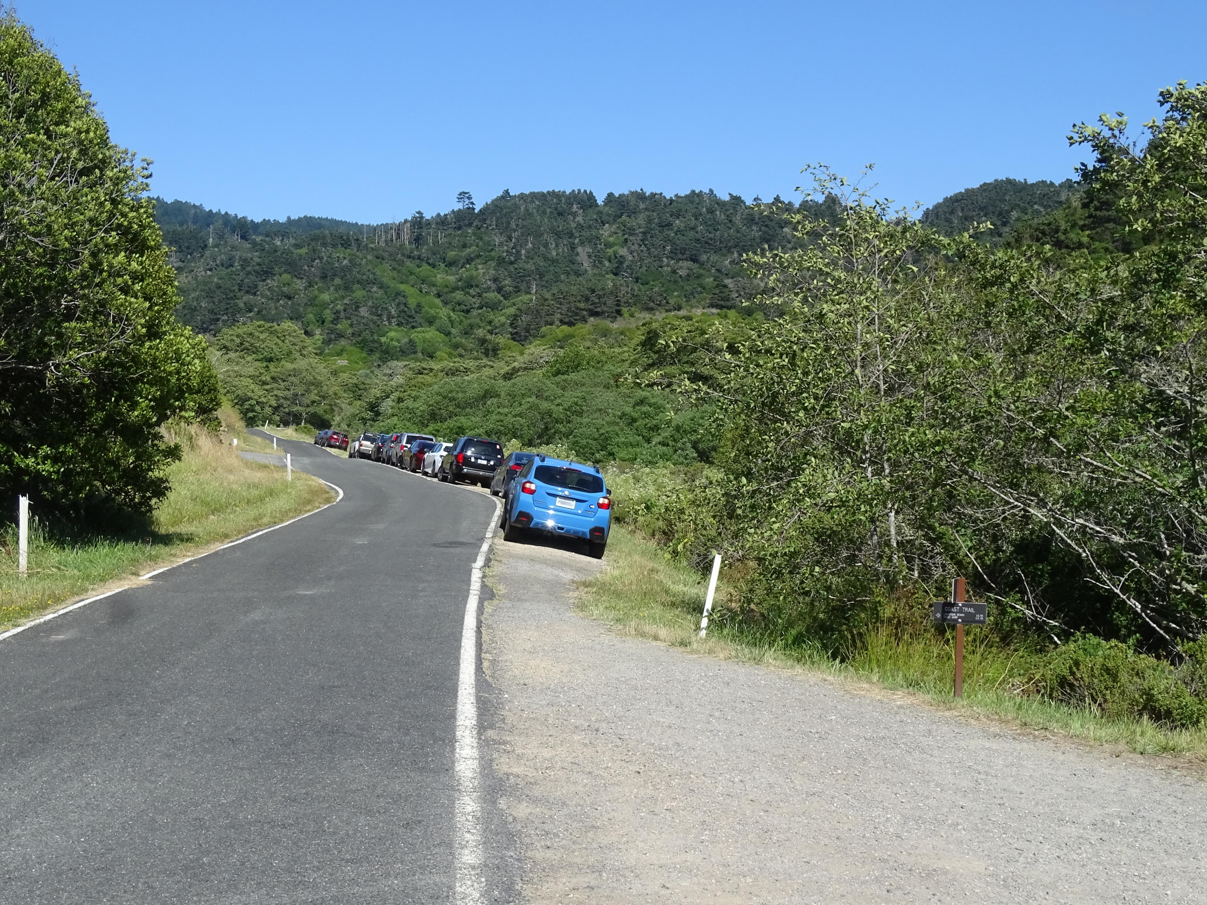 A dozen cars parked on the shoulder of a one-lane road in a wooded valley.