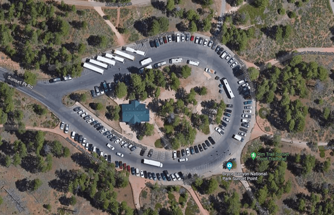 An aerial view of the Sunset Point parking lot area.