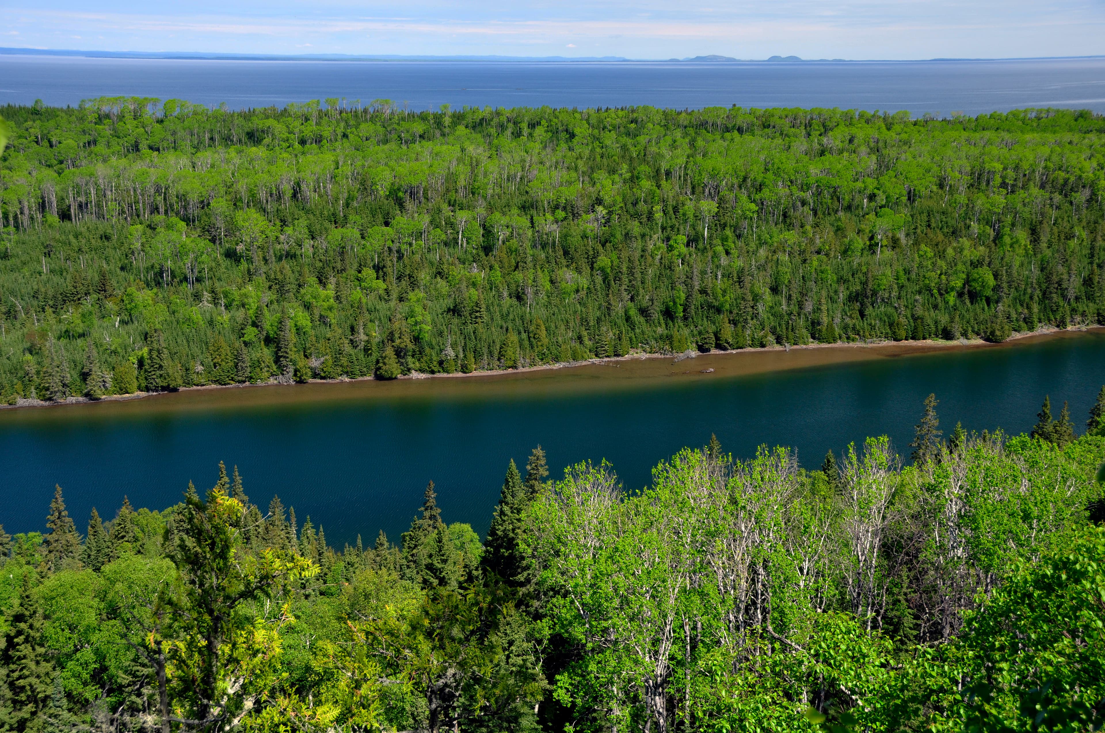 Aerial view of the blue waters of Duncan Bay Narrows and the surrounding green, boreal forest.
