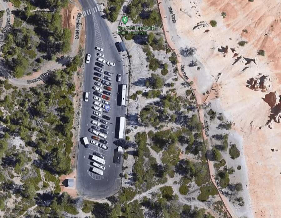 An aerial view of the Inspiration Point parking lot area.