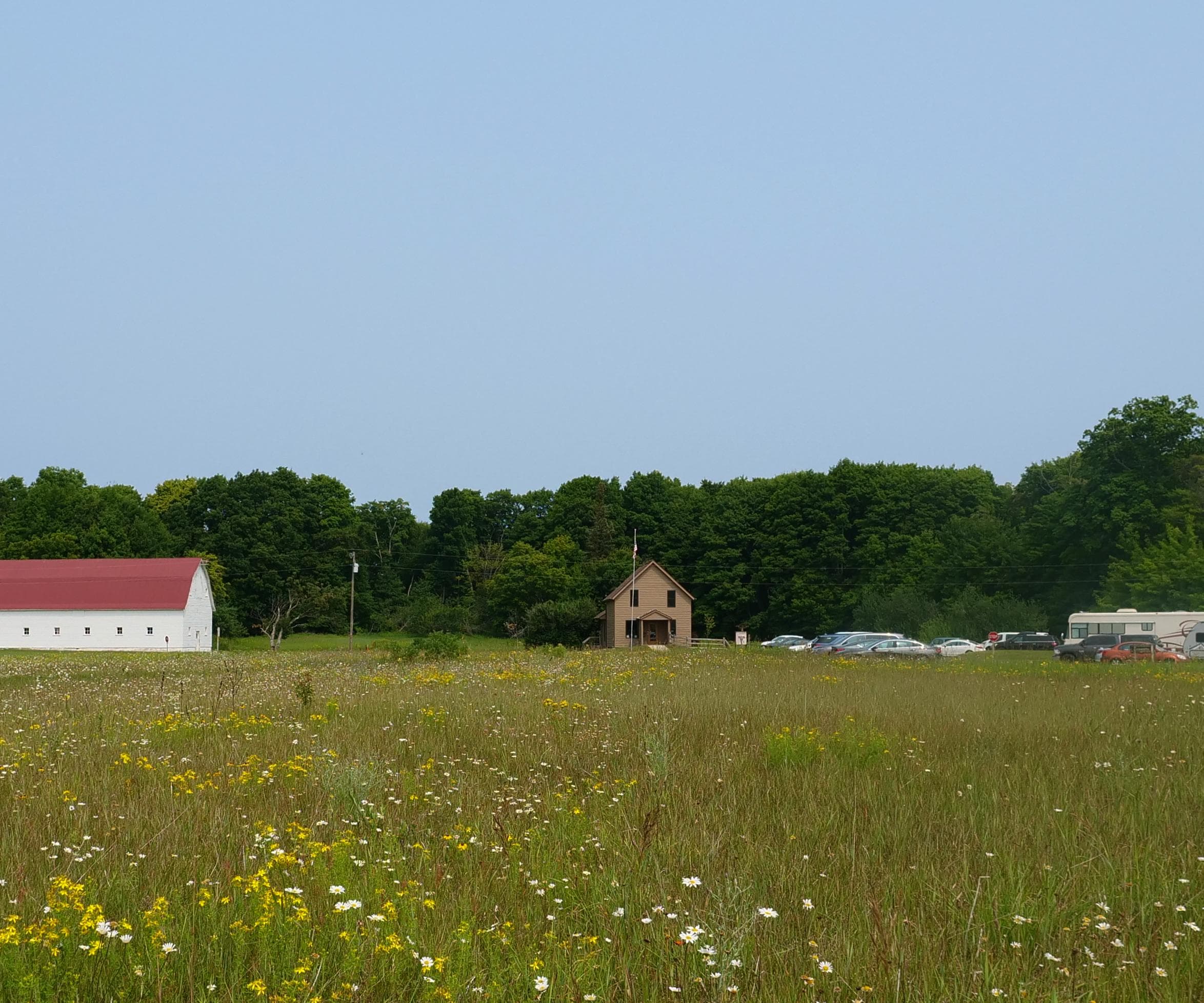 A small brown farmhouse-style visitor center is visible in the distance, across a wildflower field.