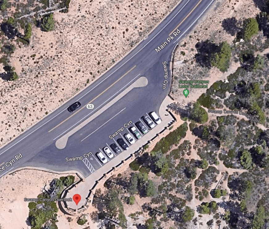 An aerial view of the Swamp Canyon parking lot area.