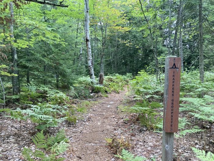 Sign reads Trappers Group Site with a trail leading into a forest.