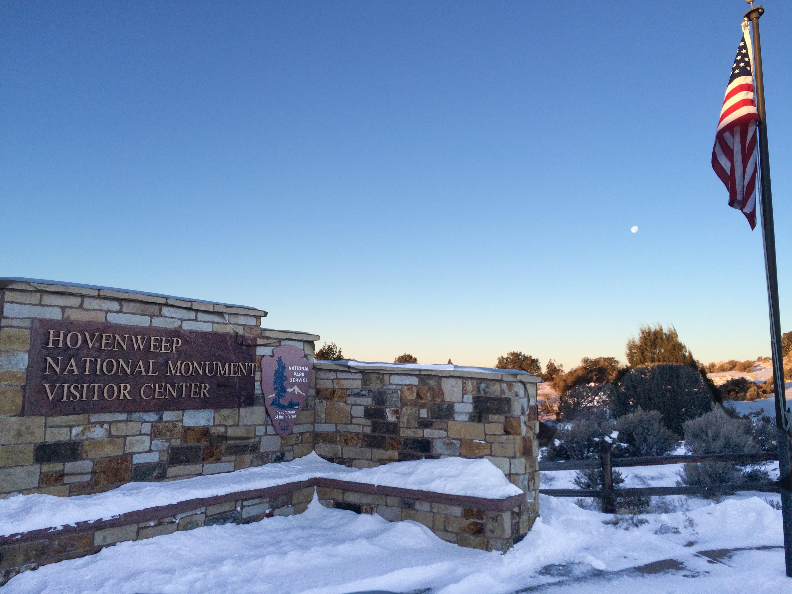 Hovenweep National Monument Visitor Center covered in snow