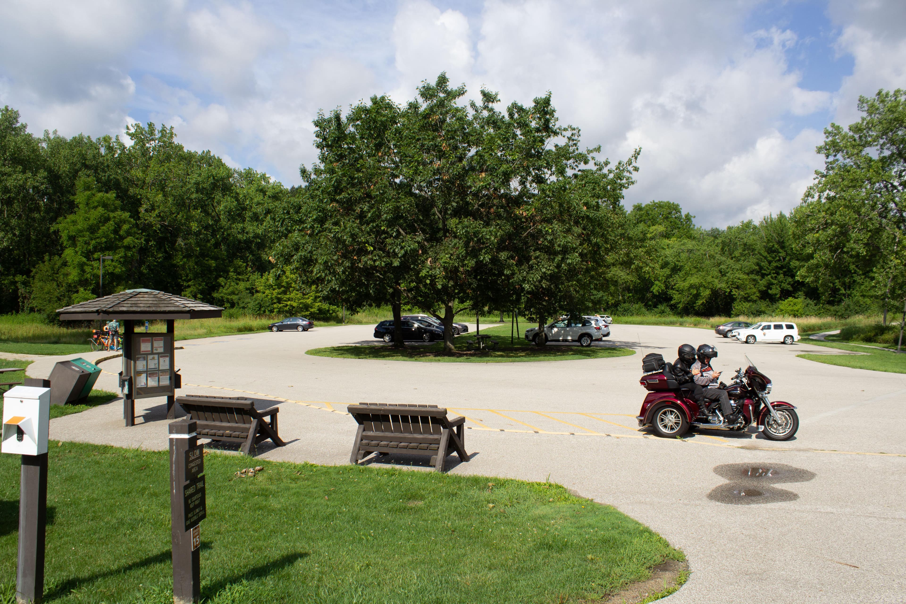 A full view of a parking lot with trees in the middle and surrounding.