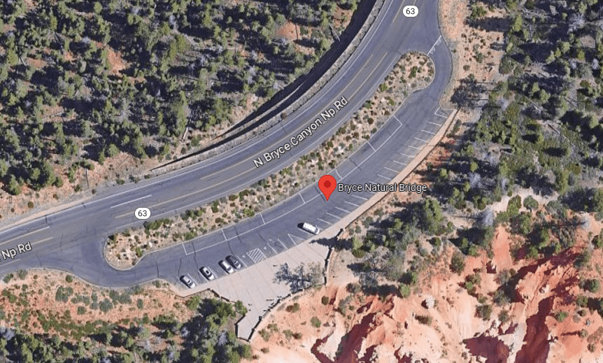 An aerial view of the Natural Bridge parking lot area.
