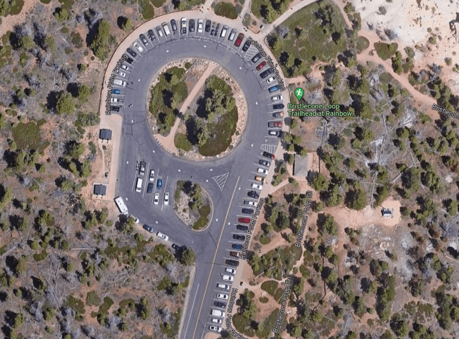 An aerial view of the Rainbow Point parking lot area.