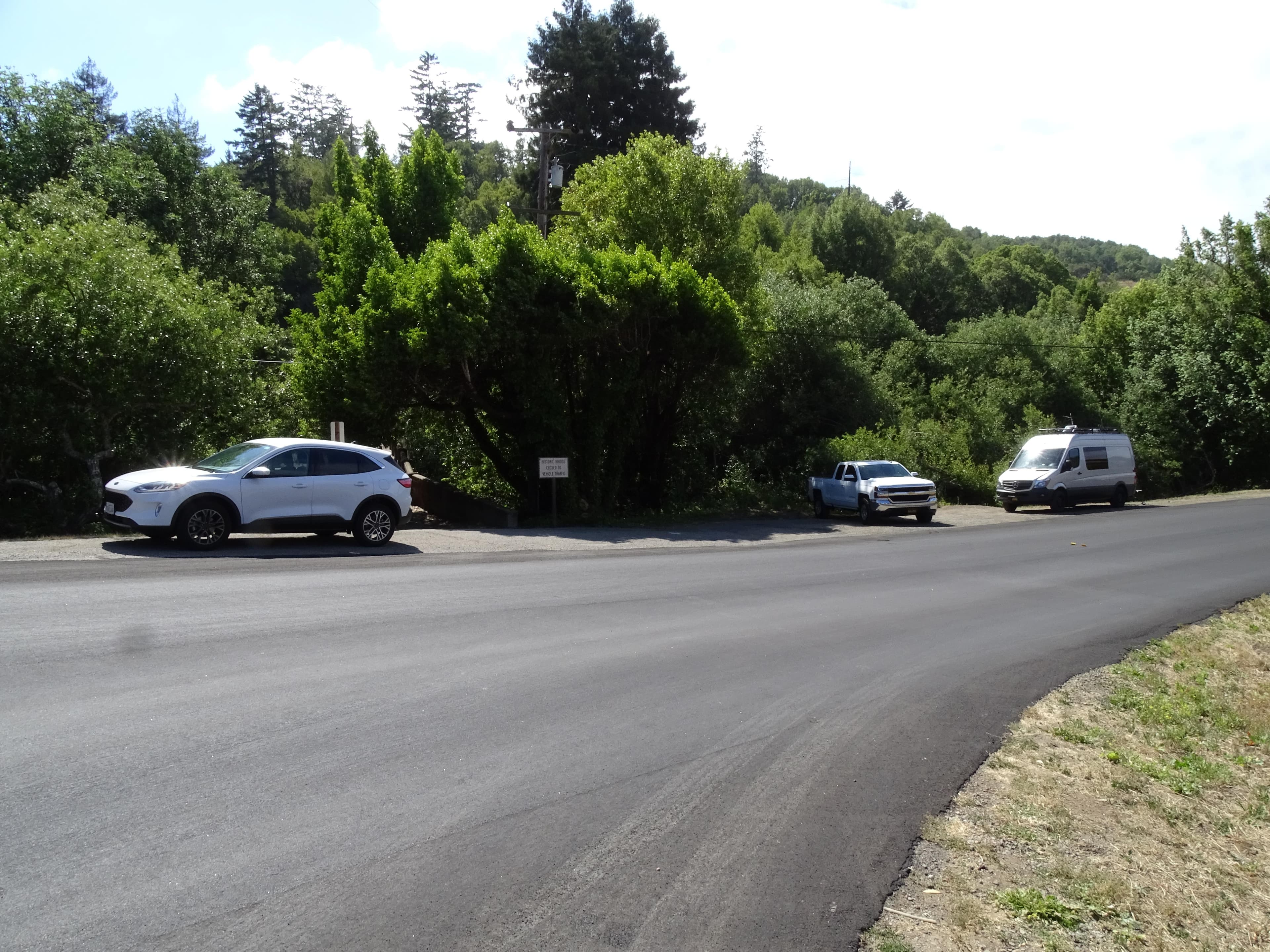 Three vehicles parked alongside a road with trees in the background.