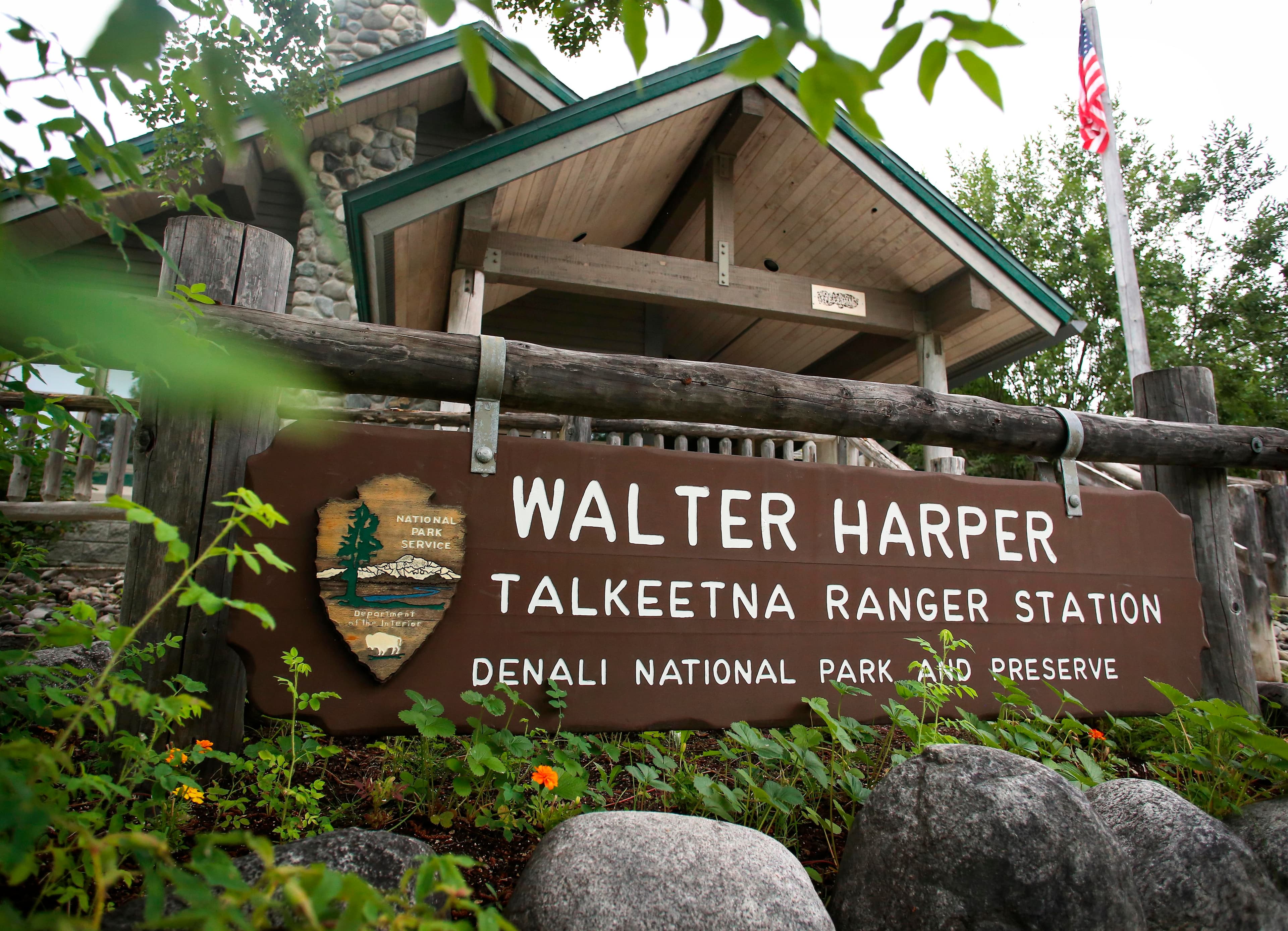 wooden sign that reads Walter Harper Talkeetna Ranger Station