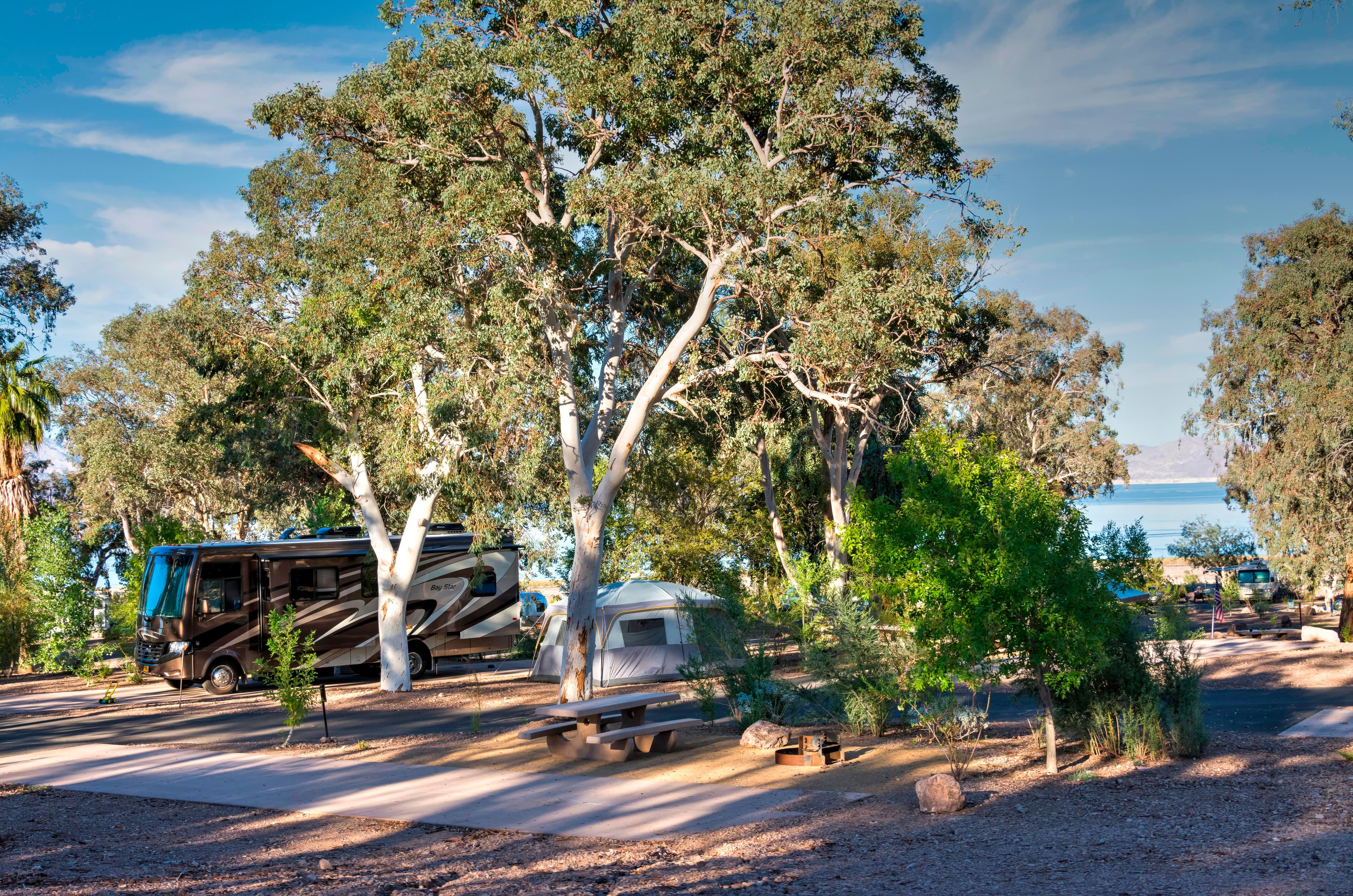 Desert landscape with campsites and two rv's.