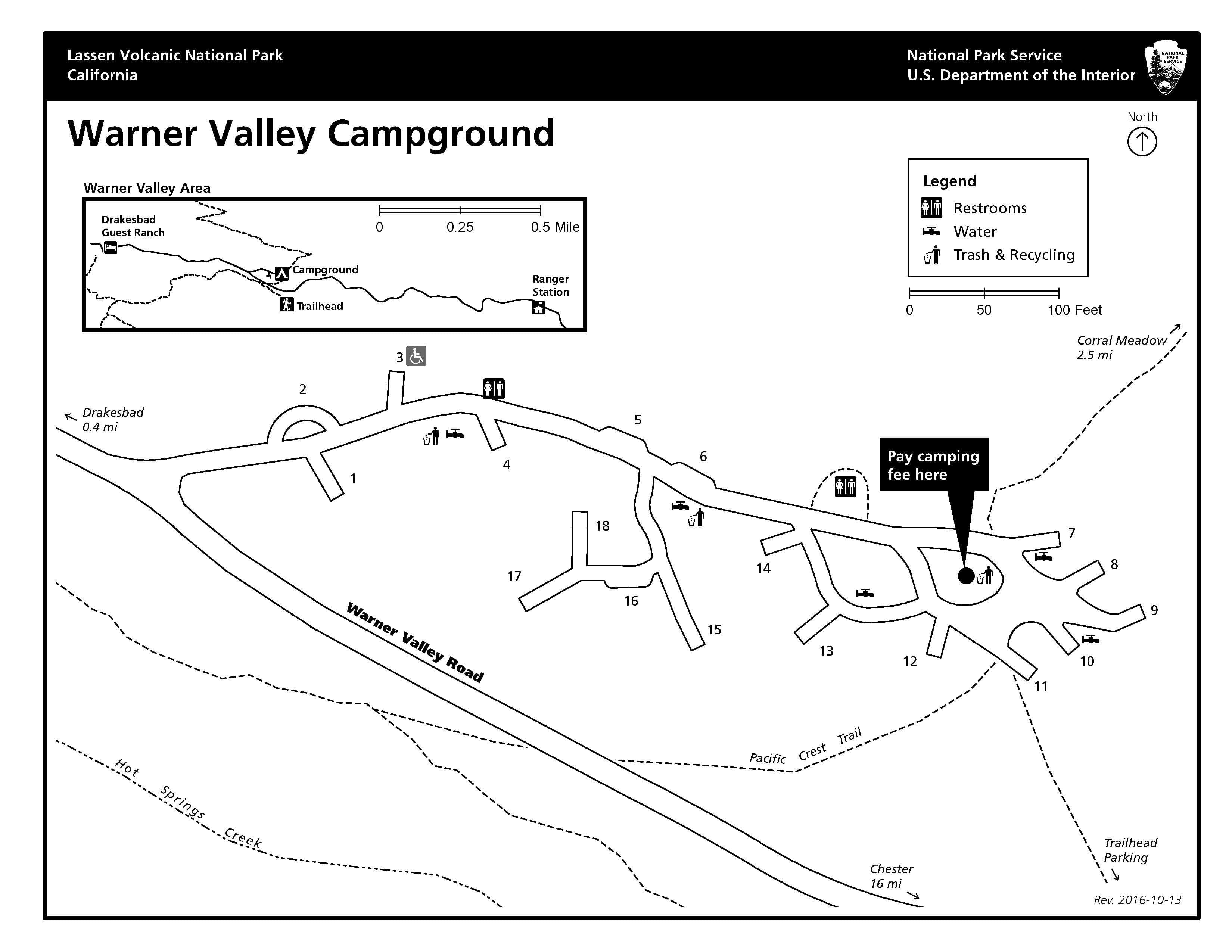 A map showing a campground along a spur road with 18 sites.