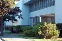 Two story building and shrubs.