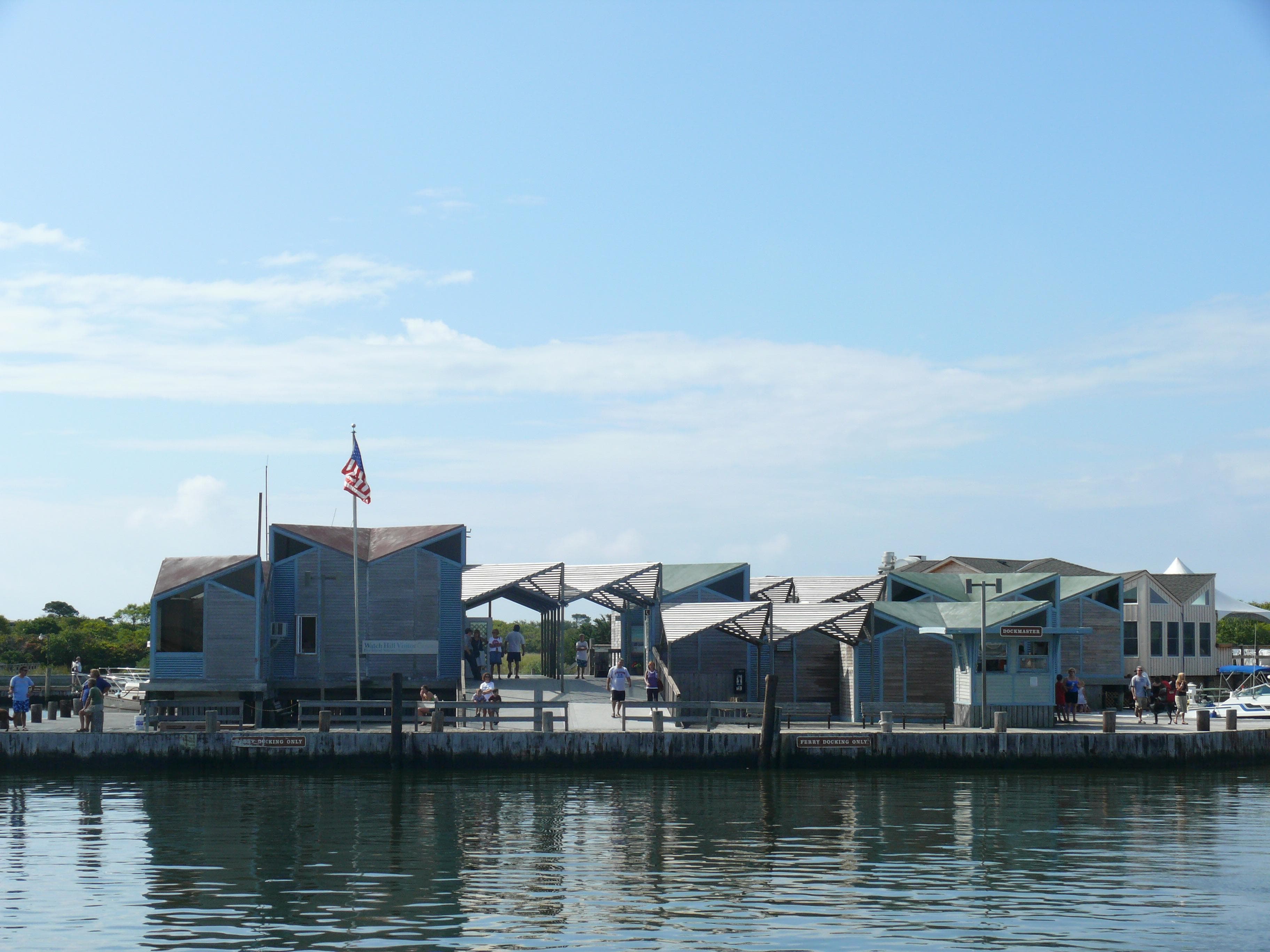 Angular buildings surrounded by water