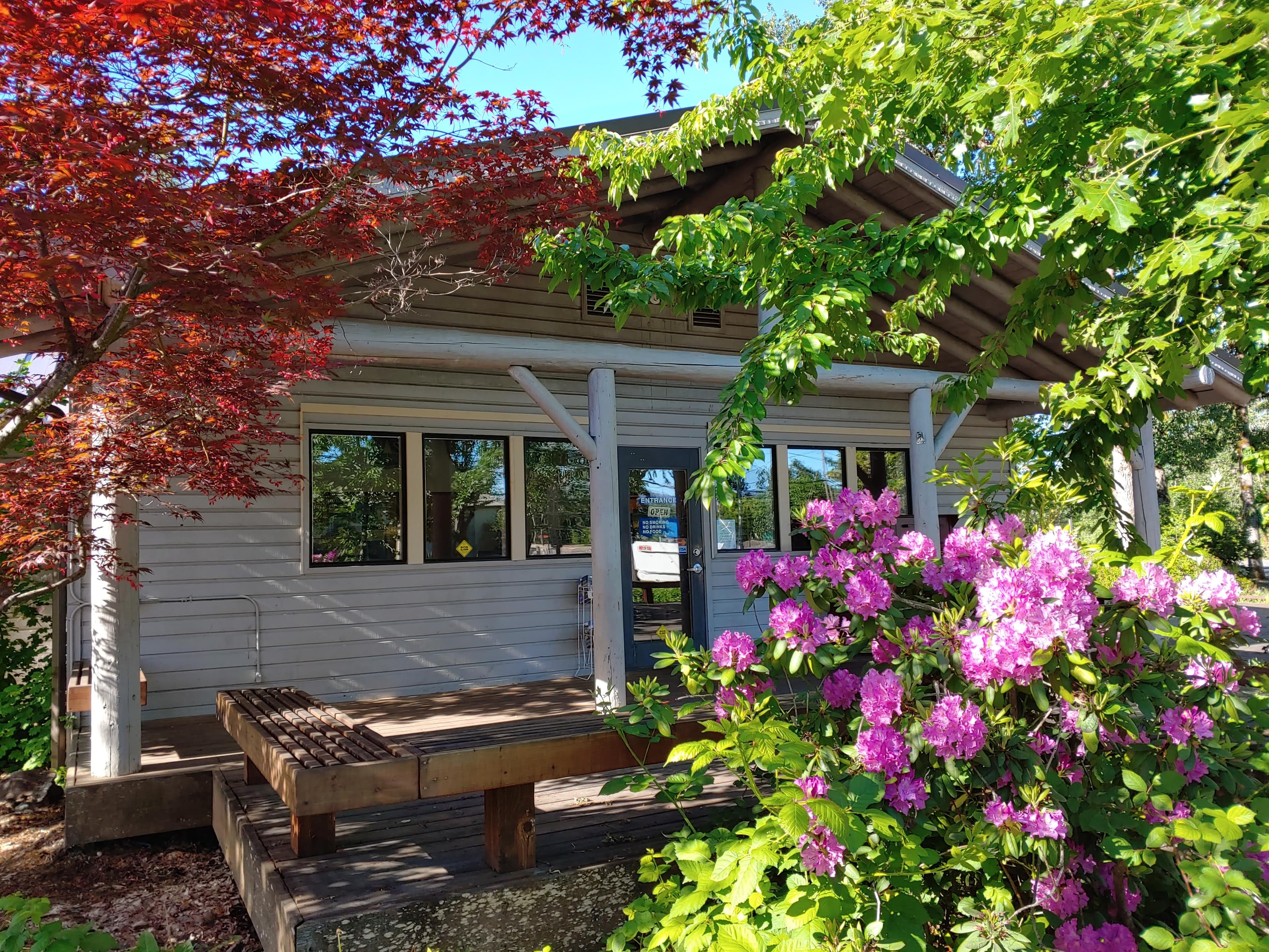 Illinois Valley Visitor Center with rhododendron in full bloom.