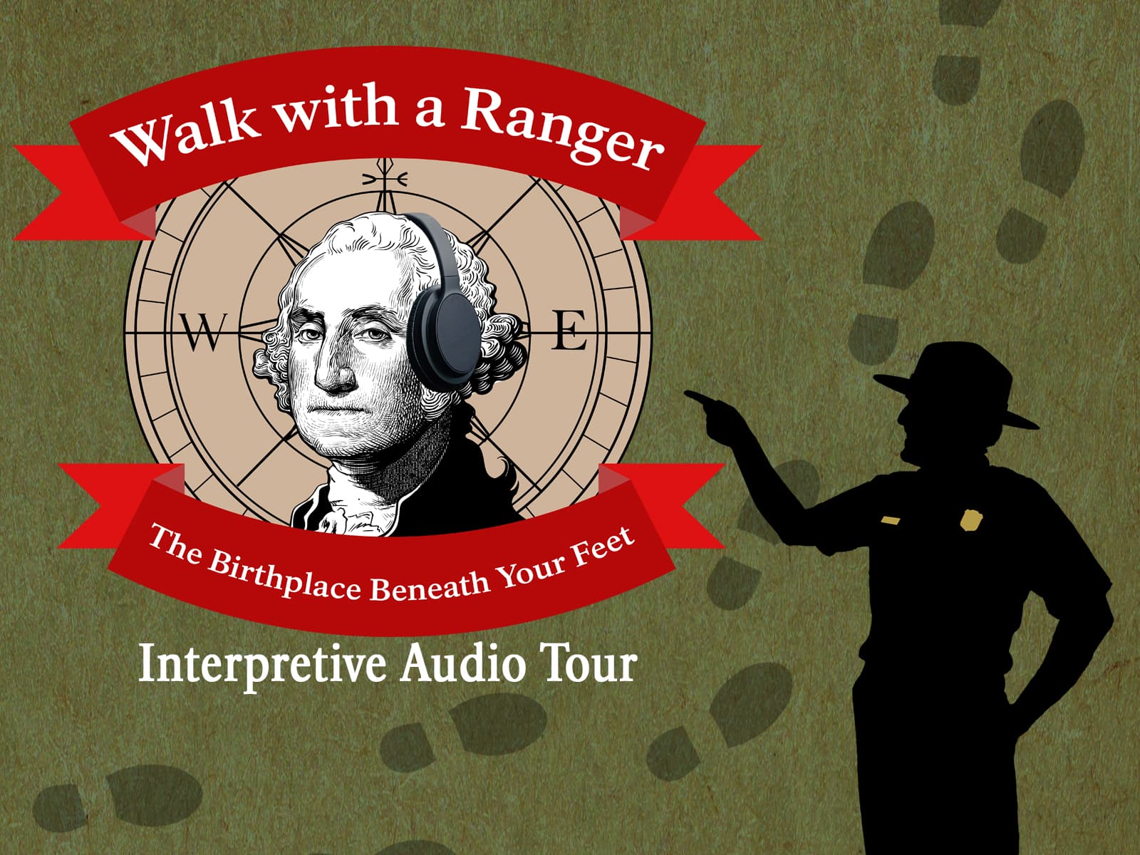 A silhouette of a park ranger pointed to george washington with headphones in a graphic.