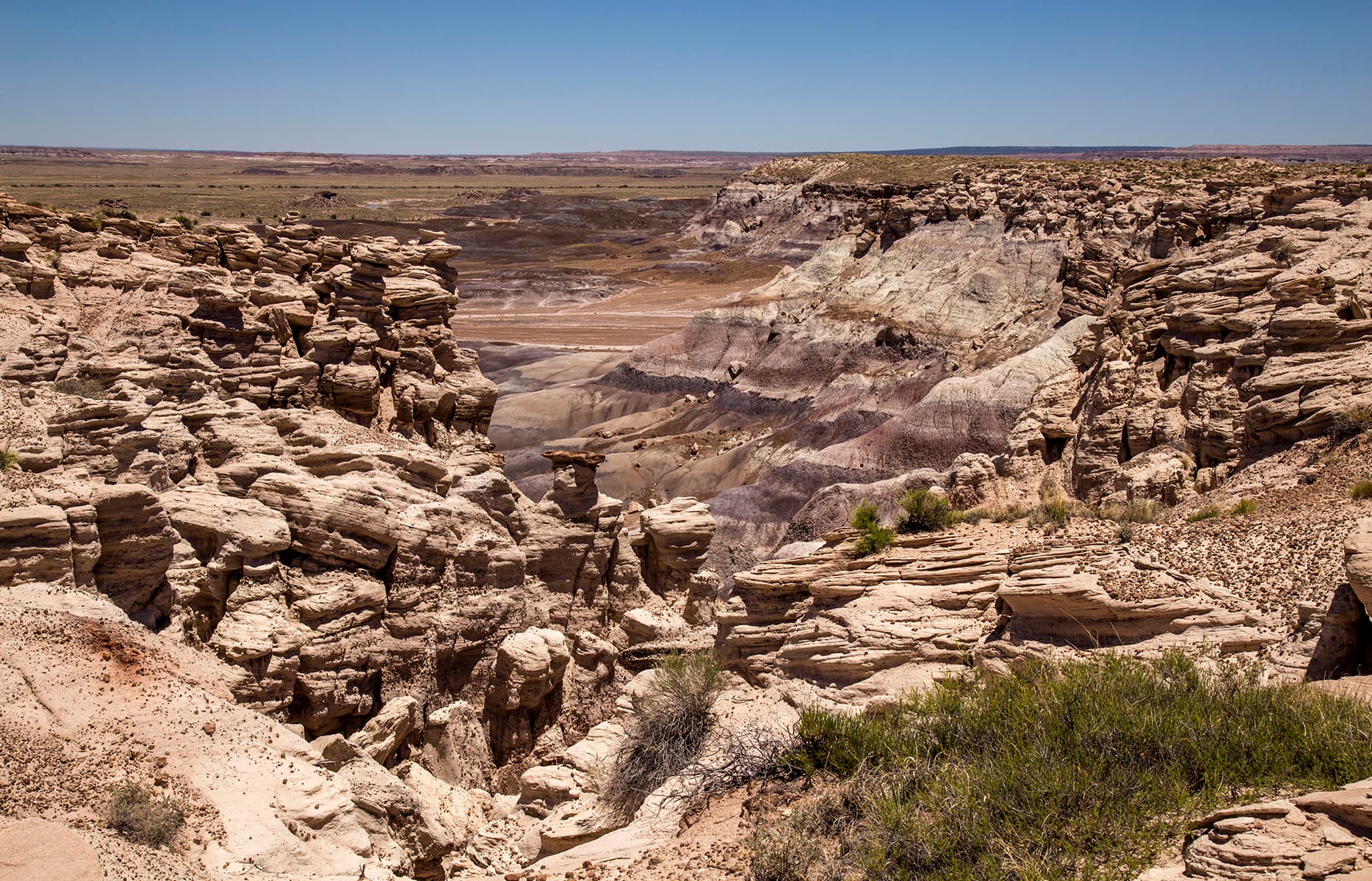 Highly eroded features frame a view of blue, purple, and gray escarpment.