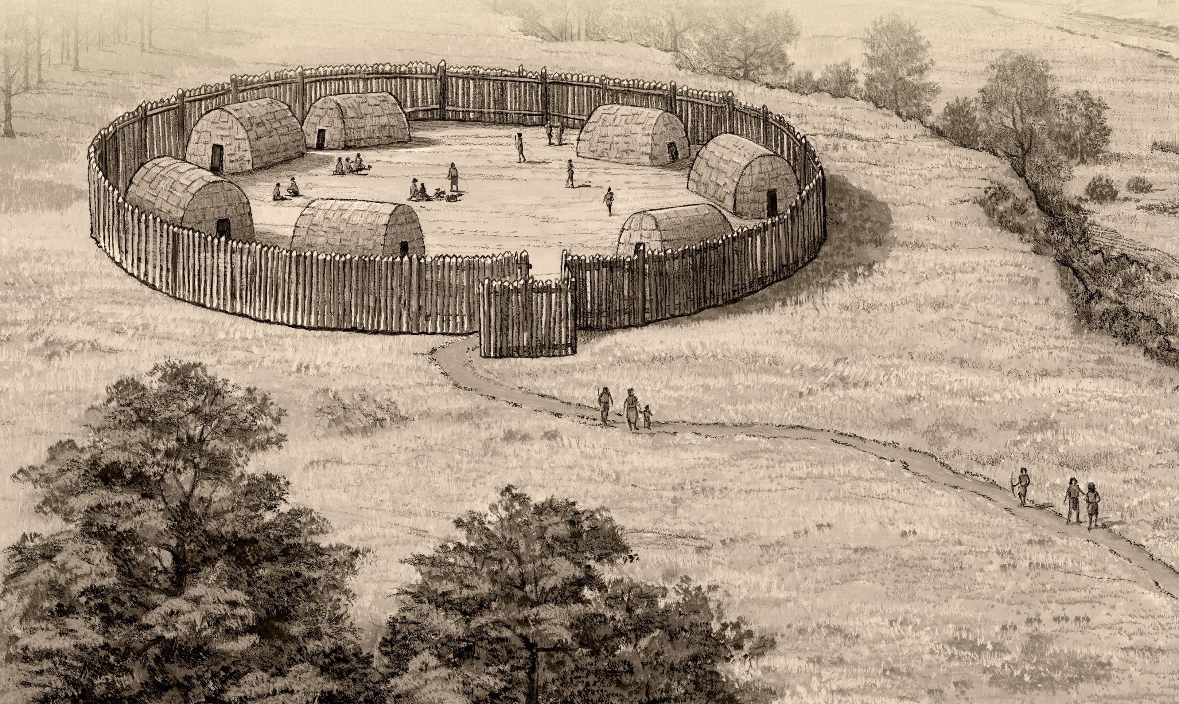 A sepia drawing of a prehistoric village of 7 loaf shaped buildings, surrounded by a circular fence.