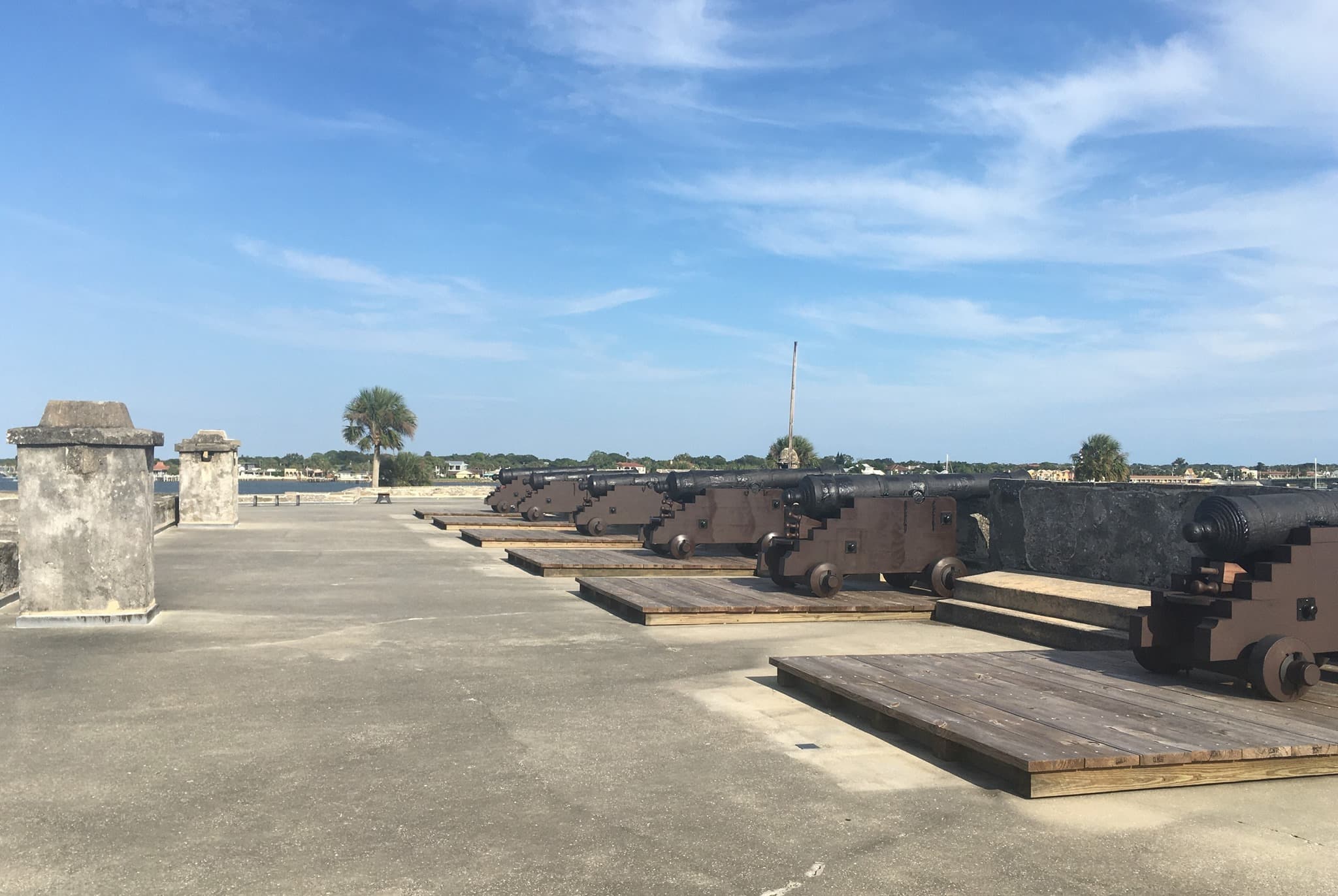 Six Cannons & Carriages lined up on wood platforms and pointing through the stone fort wall.